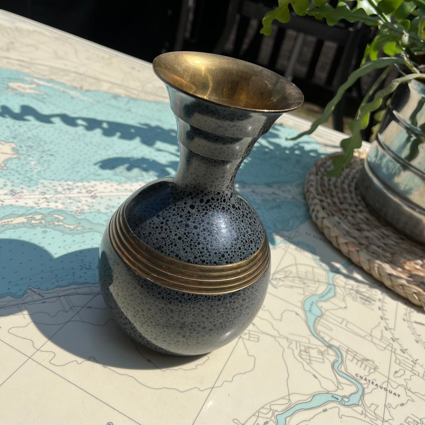 Vintage Blue Speckled Brass Vase Made in India