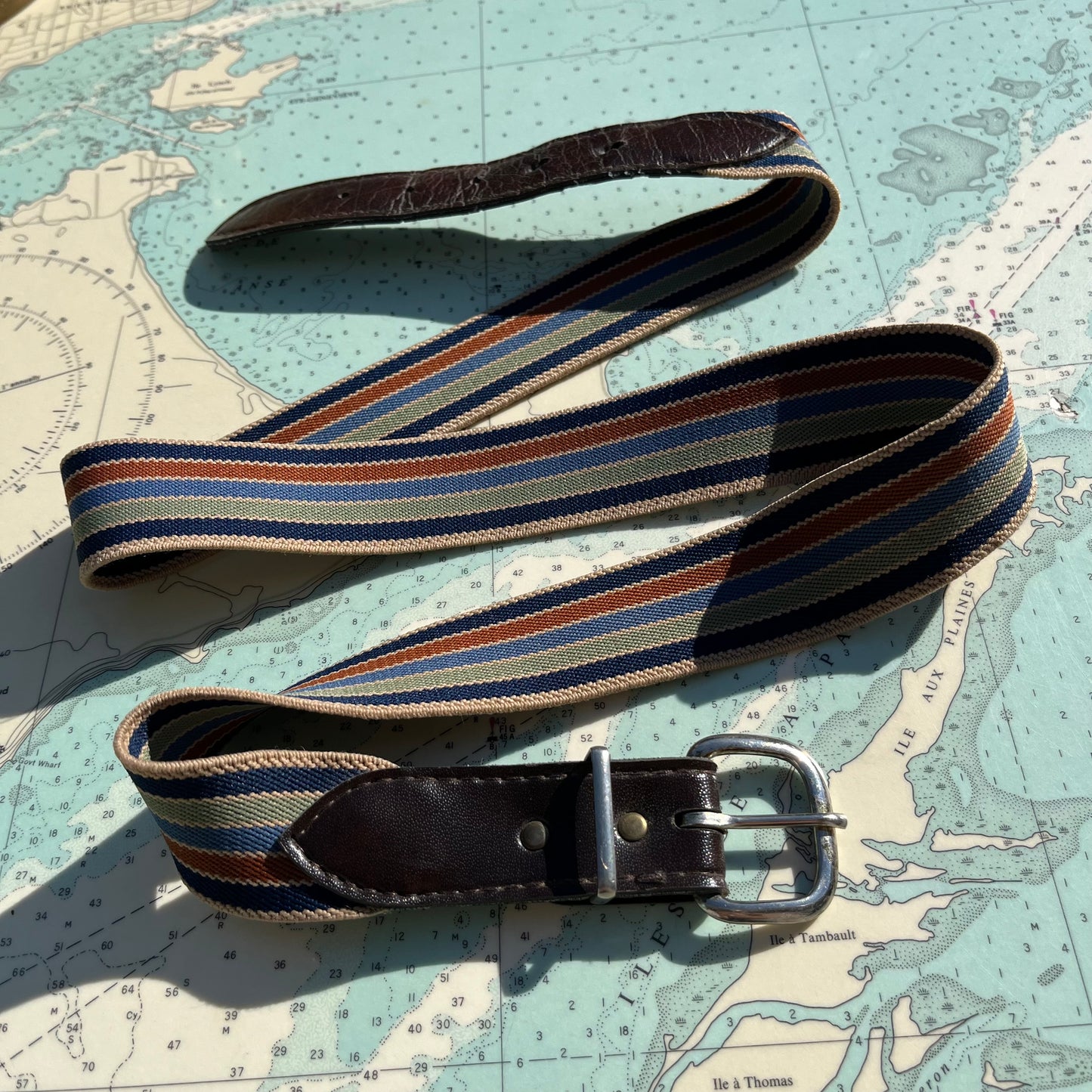 Vintage Orange Green Blue Striped Elastic & Leather Belt