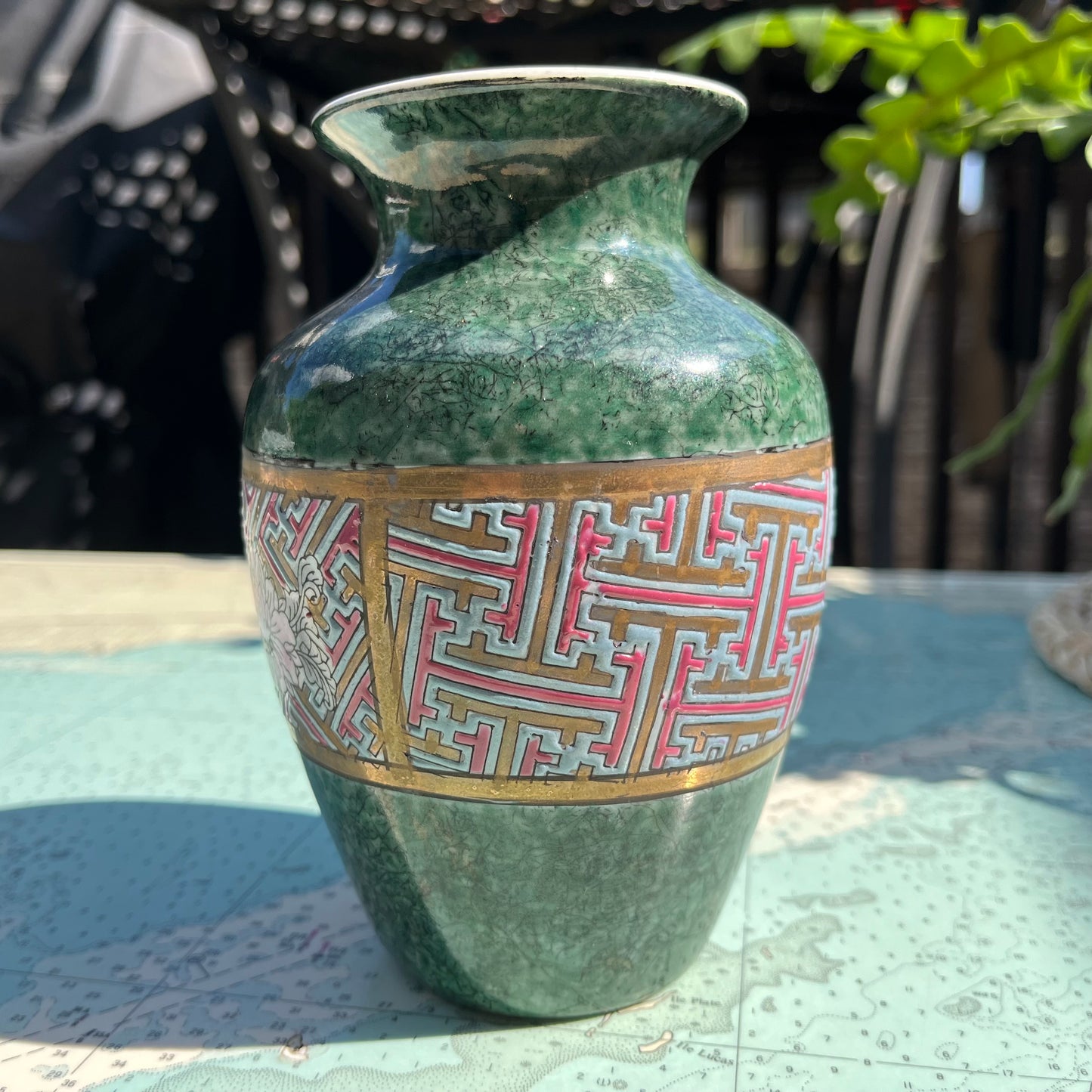 Vintage Floral Green Cloisonné Ceramic Vase
