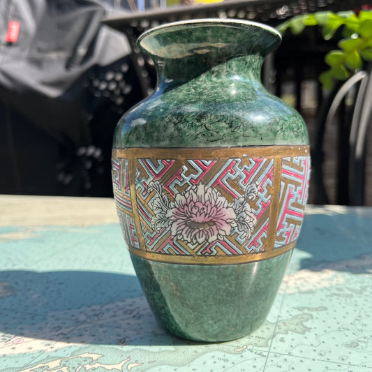 Vintage Floral Green Cloisonné Ceramic Vase