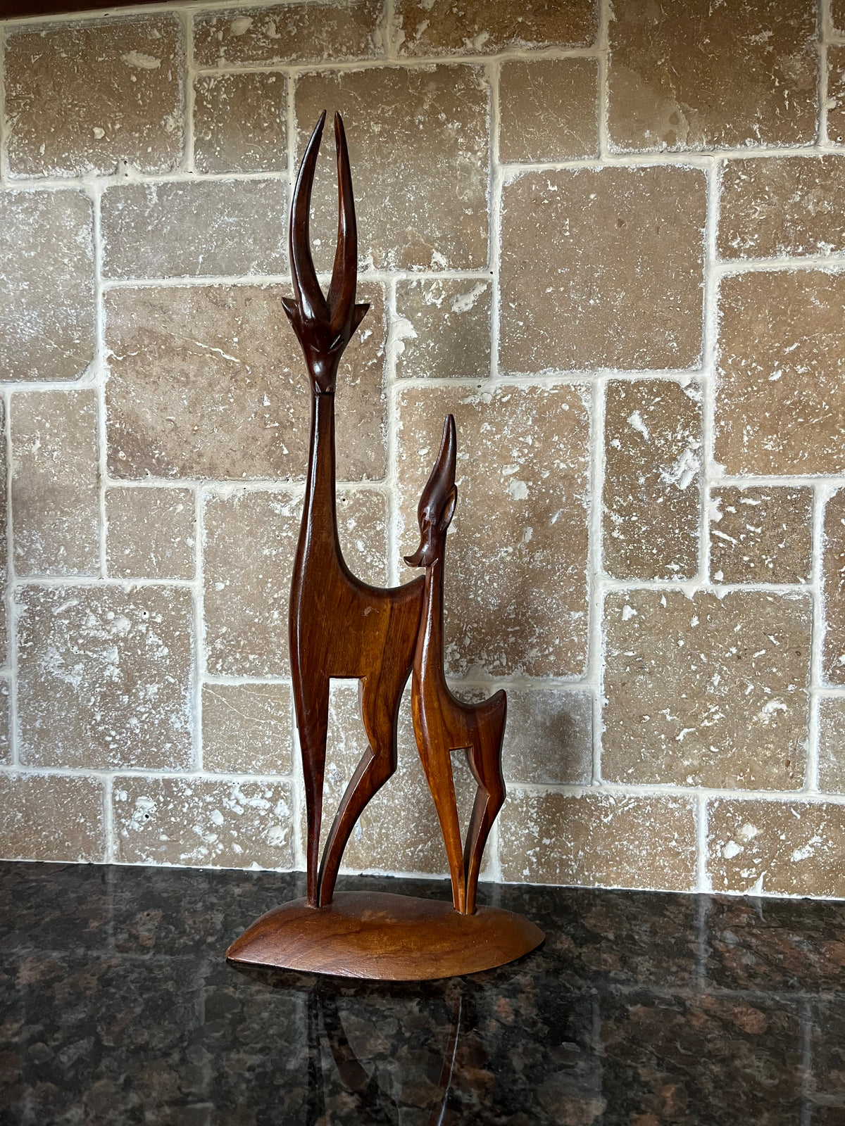 Vintage 60s Teak Wood Gazelle Parent and Child Carved Sculpture