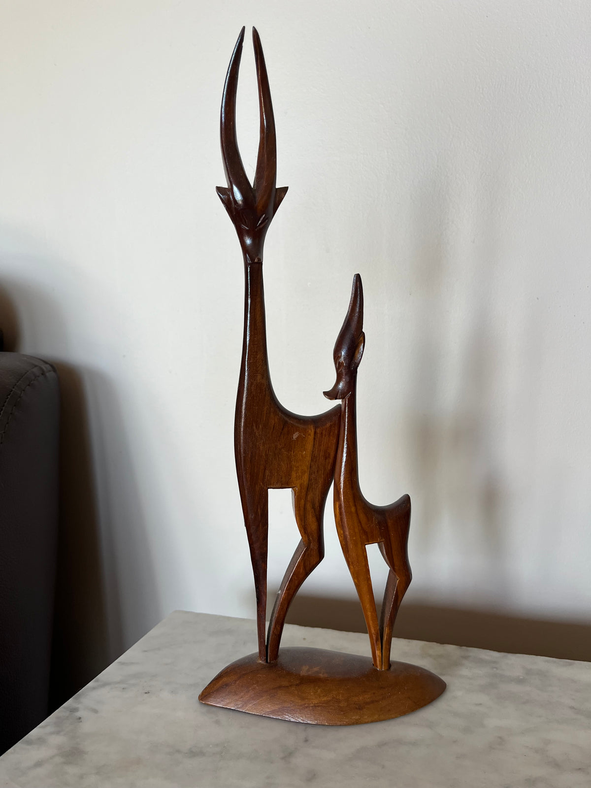 Vintage 60s Teak Wood Gazelle Parent and Child Carved Sculpture