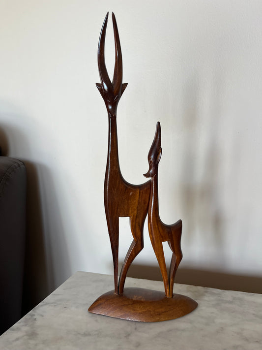 Vintage 60s Teak Wood Gazelle Parent and Child Carved Sculpture