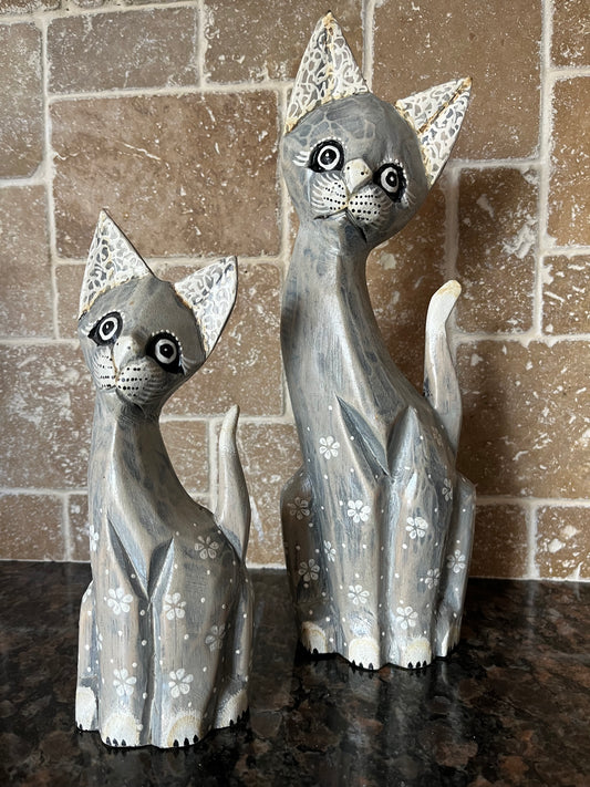 Vintage Hand Carved & Painted Grey Wood Cats Pair
