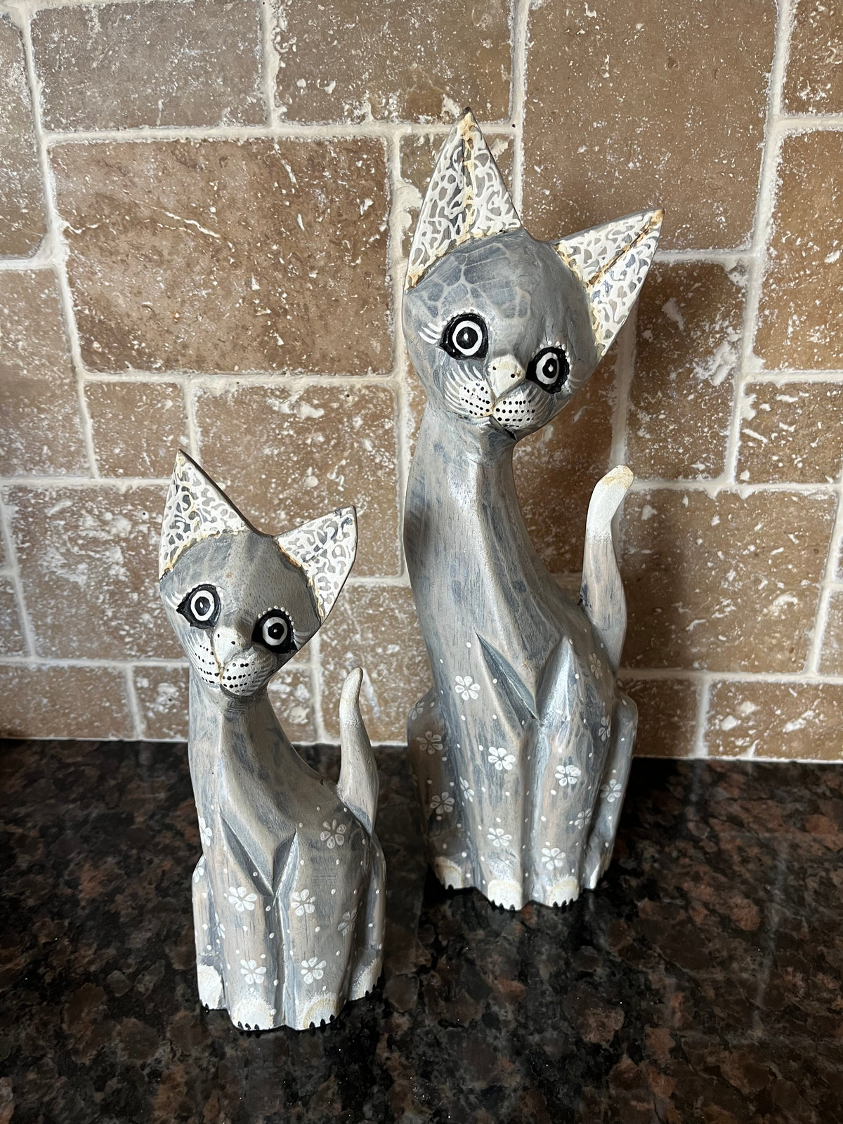 Vintage Hand Carved & Painted Grey Wood Cats Pair