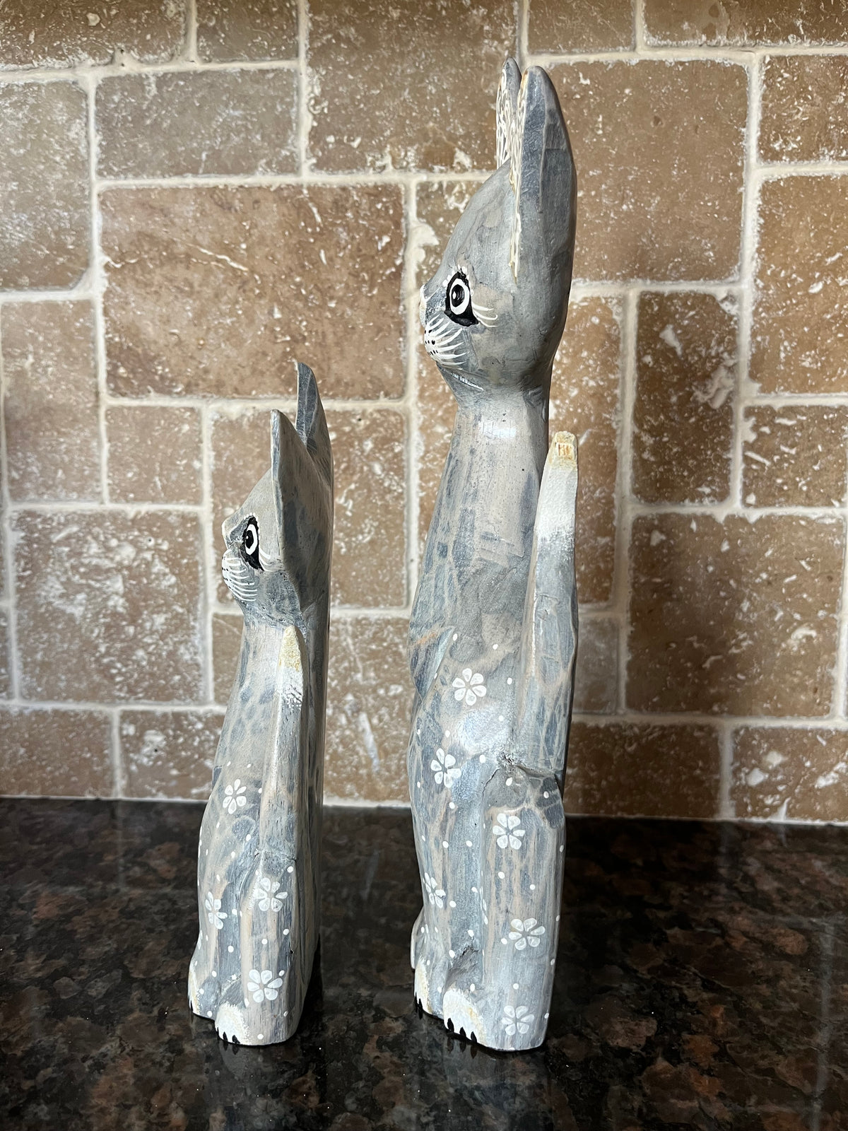 Vintage Hand Carved & Painted Grey Wood Cats Pair