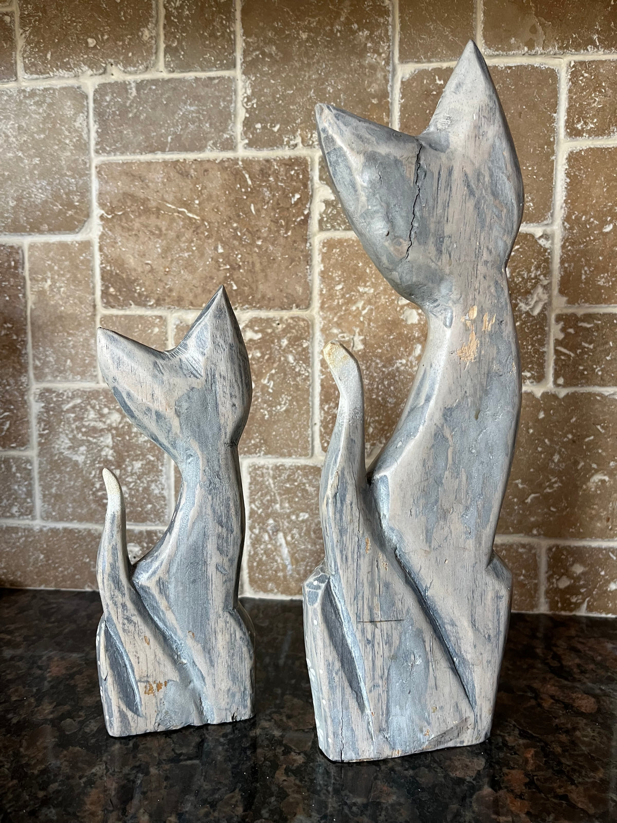 Vintage Hand Carved & Painted Grey Wood Cats Pair