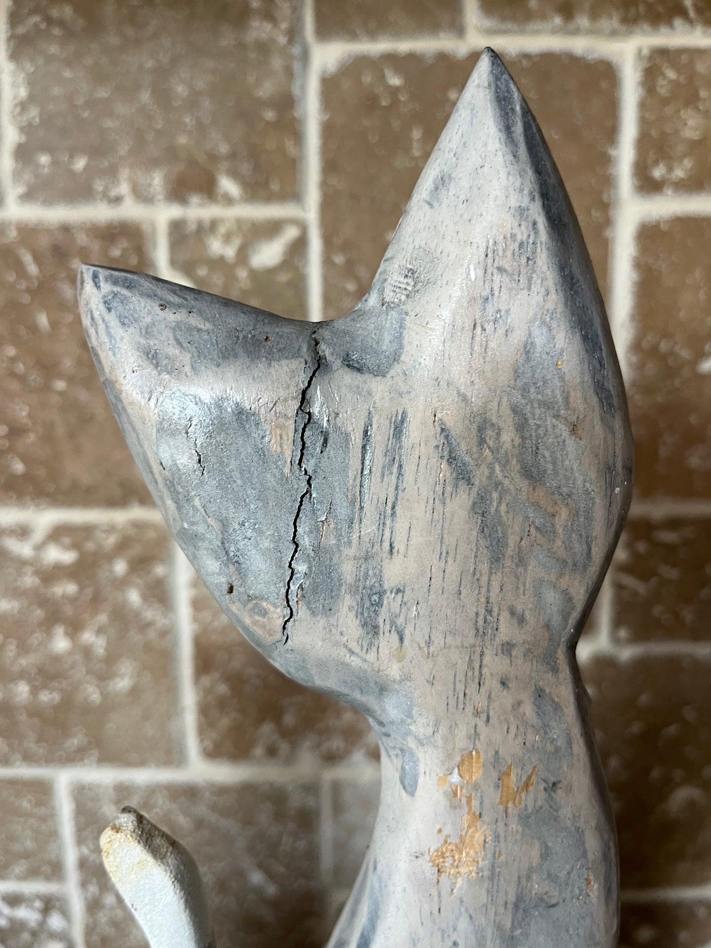 Vintage Hand Carved & Painted Grey Wood Cats Pair