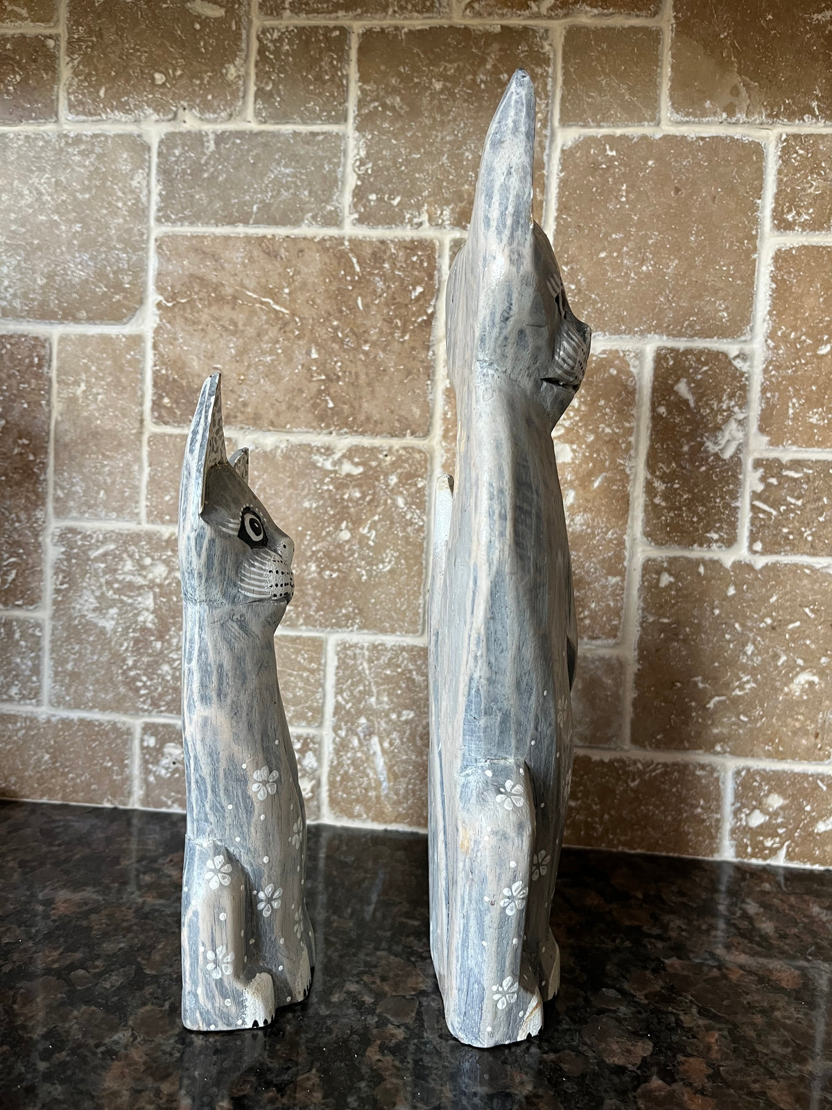 Vintage Hand Carved & Painted Grey Wood Cats Pair