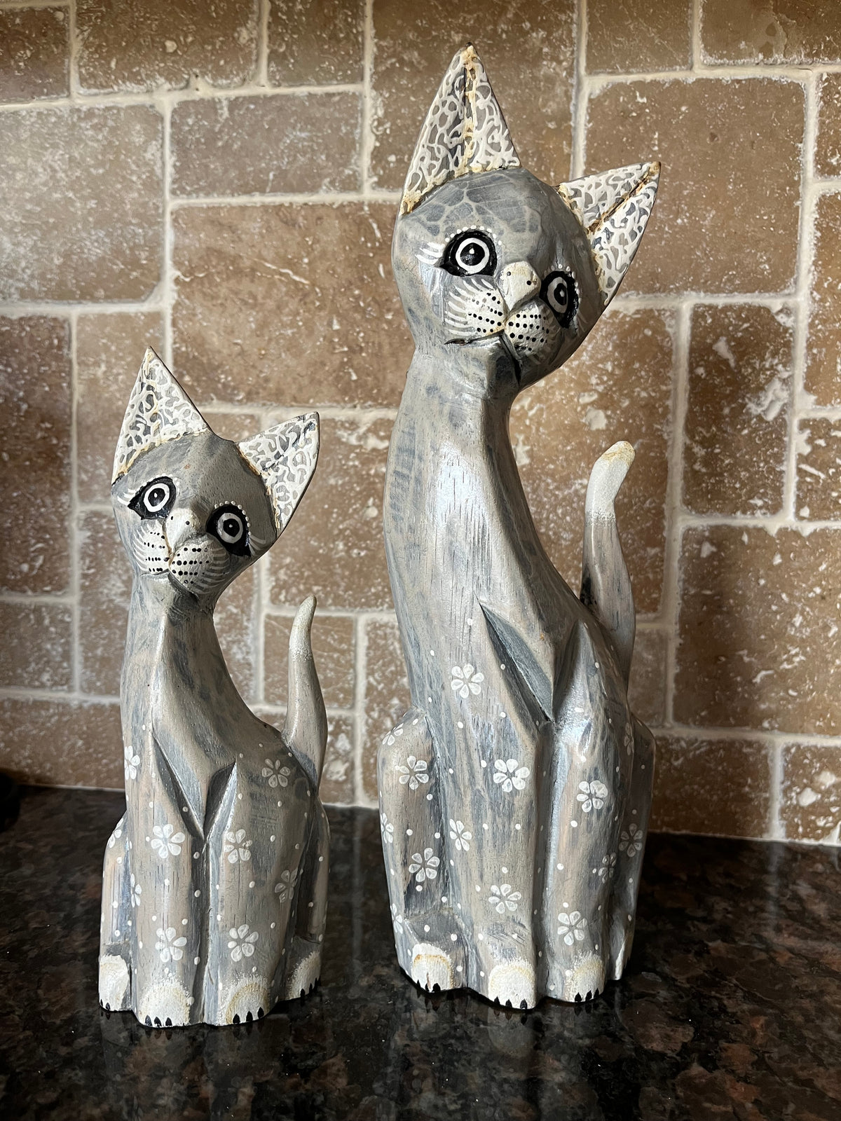 Vintage Hand Carved & Painted Grey Wood Cats Pair