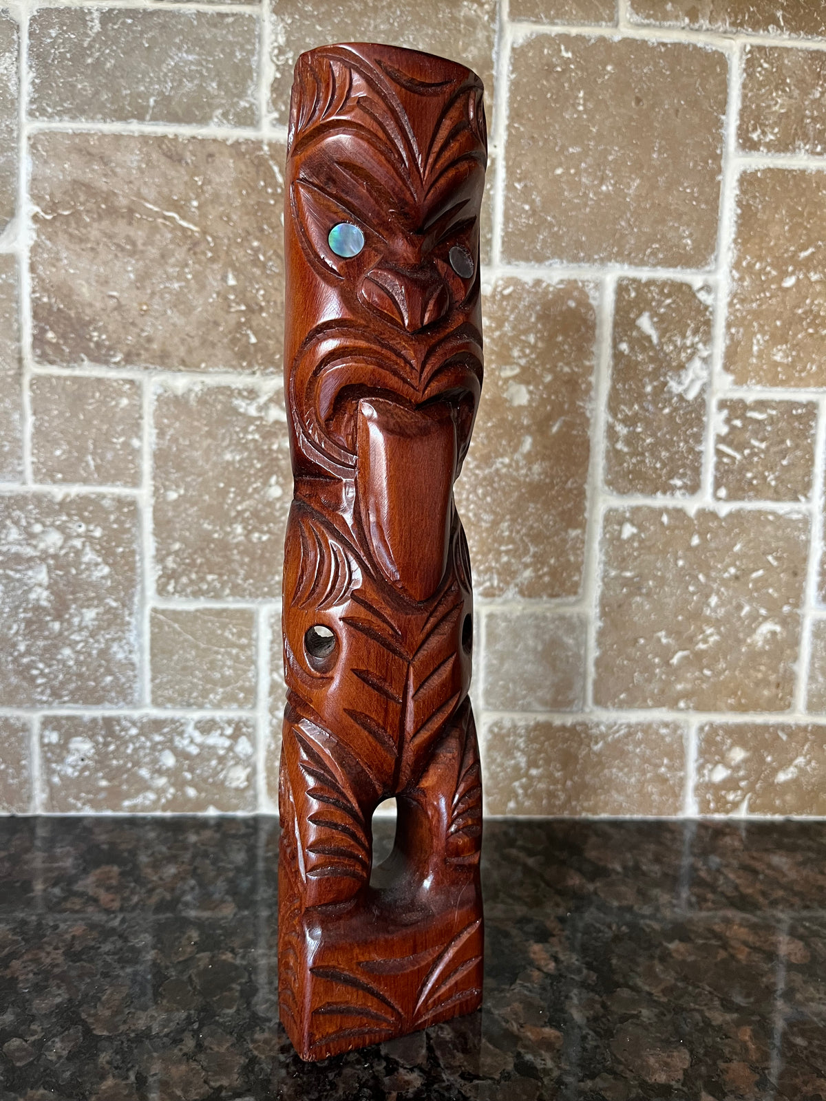 Vintage Hand Carved Maori Tiki Figure with Abalone Eyes