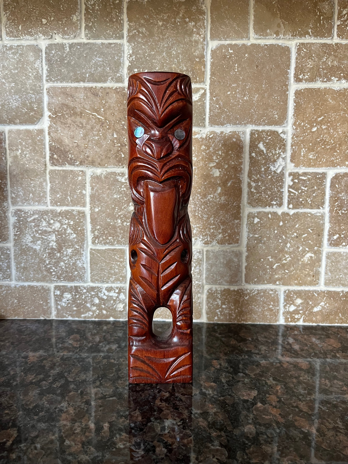 Vintage Hand Carved Maori Tiki Figure with Abalone Eyes