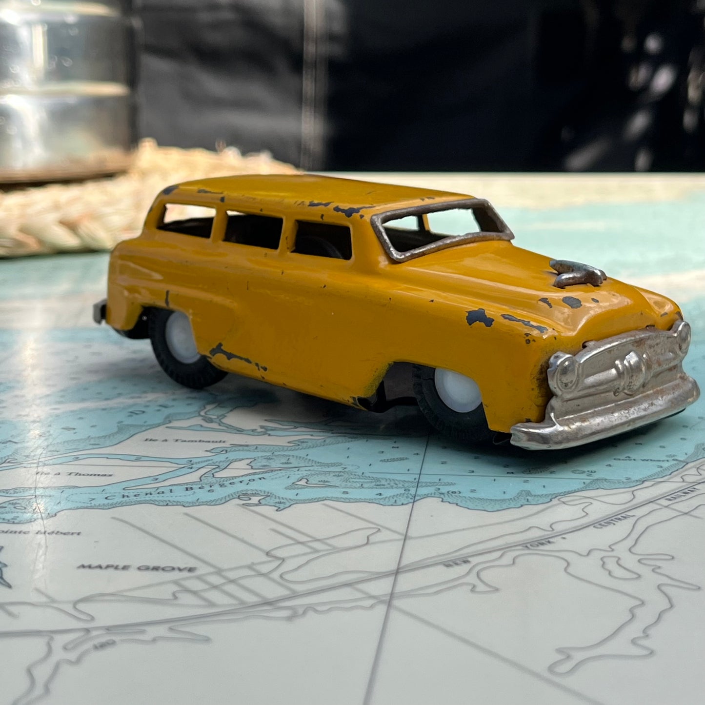 Vintage 50s Tin Yellow Oldsmobile Station Wagon Toy Car