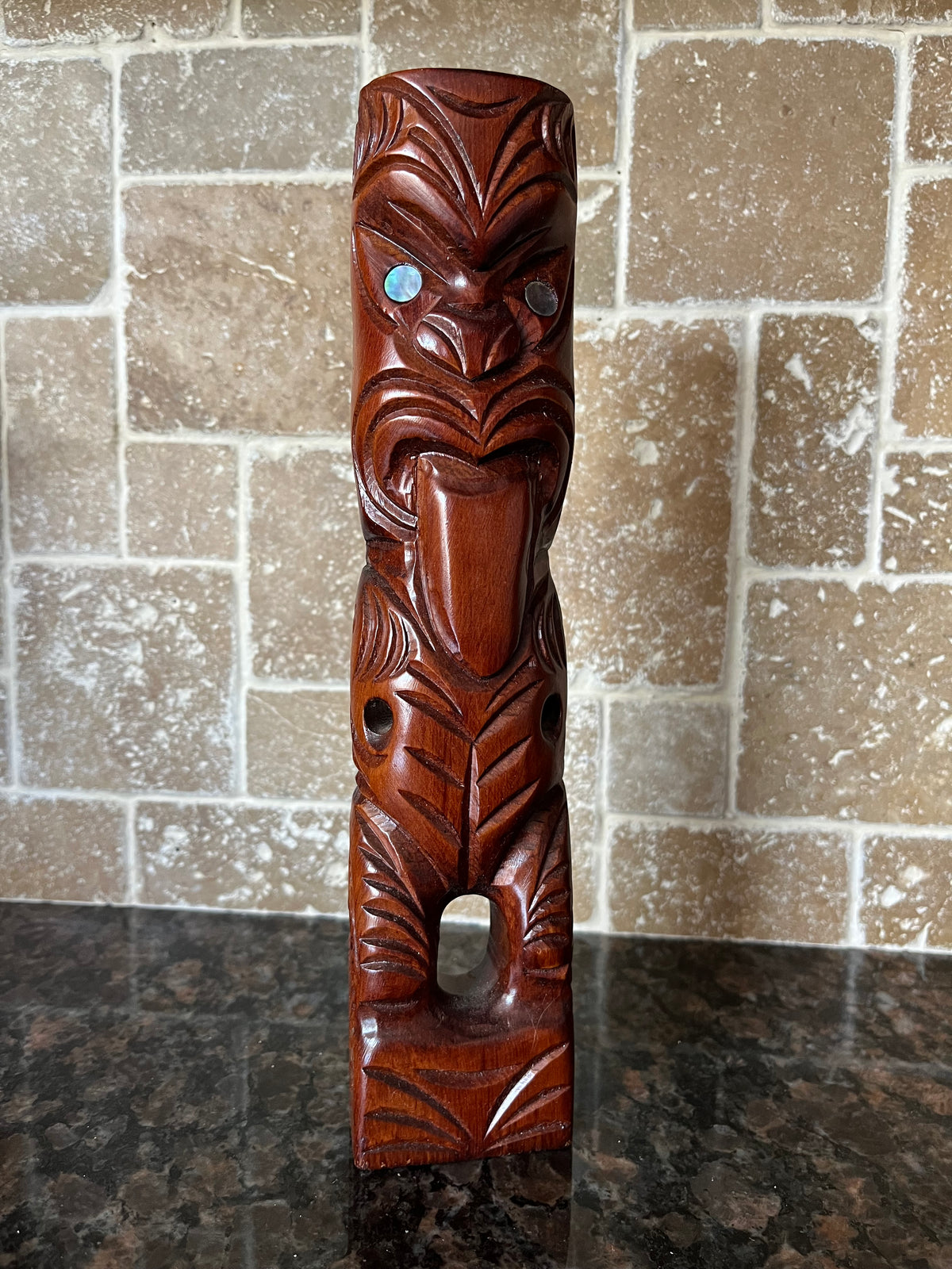 Vintage Hand Carved Maori Tiki Figure with Abalone Eyes