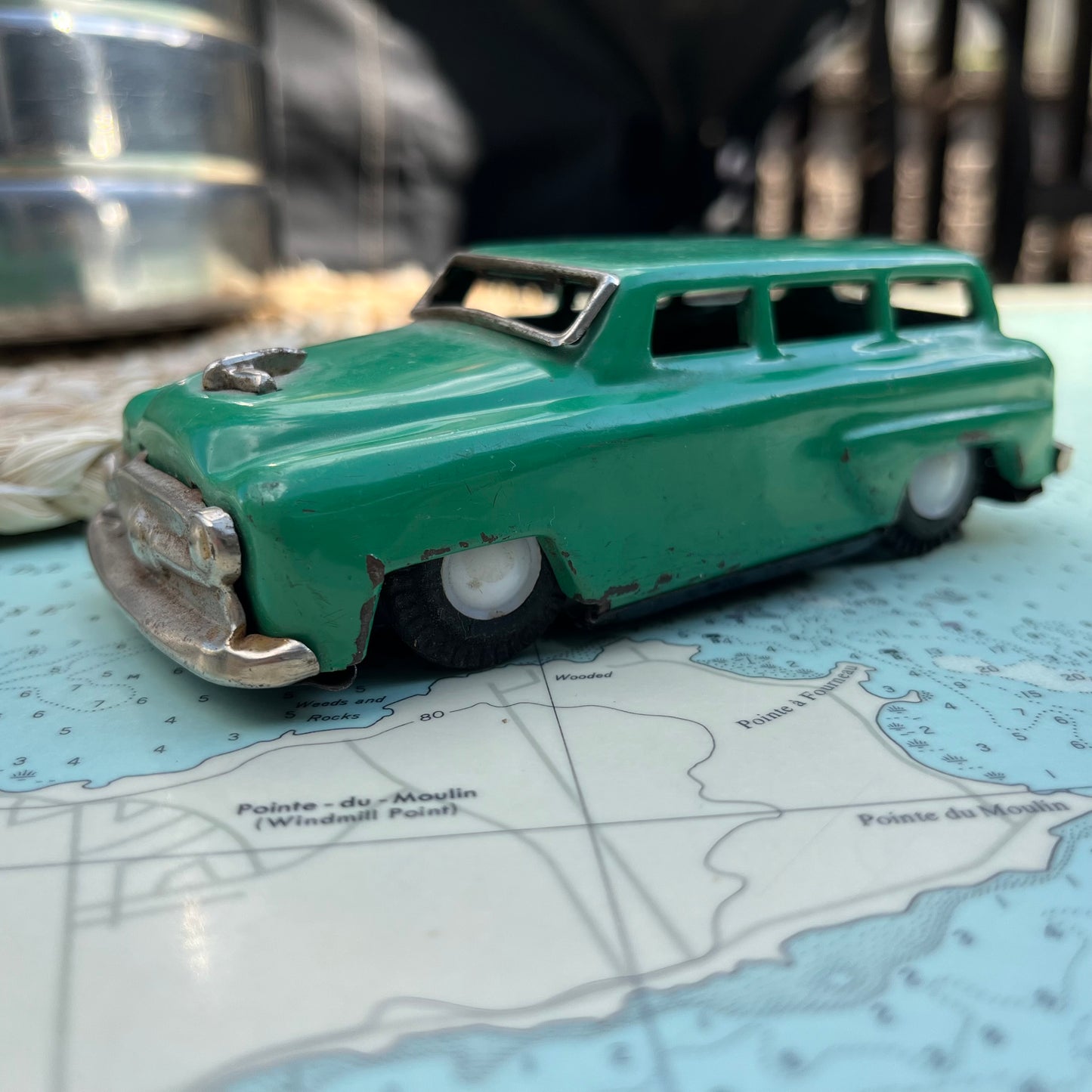 Vintage 50s Tin Green Oldsmobile Station Wagon Toy Car