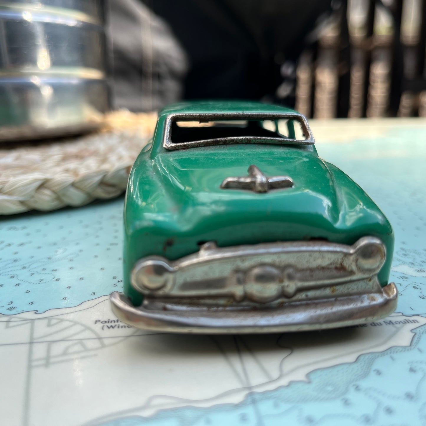 Vintage 50s Tin Green Oldsmobile Station Wagon Toy Car