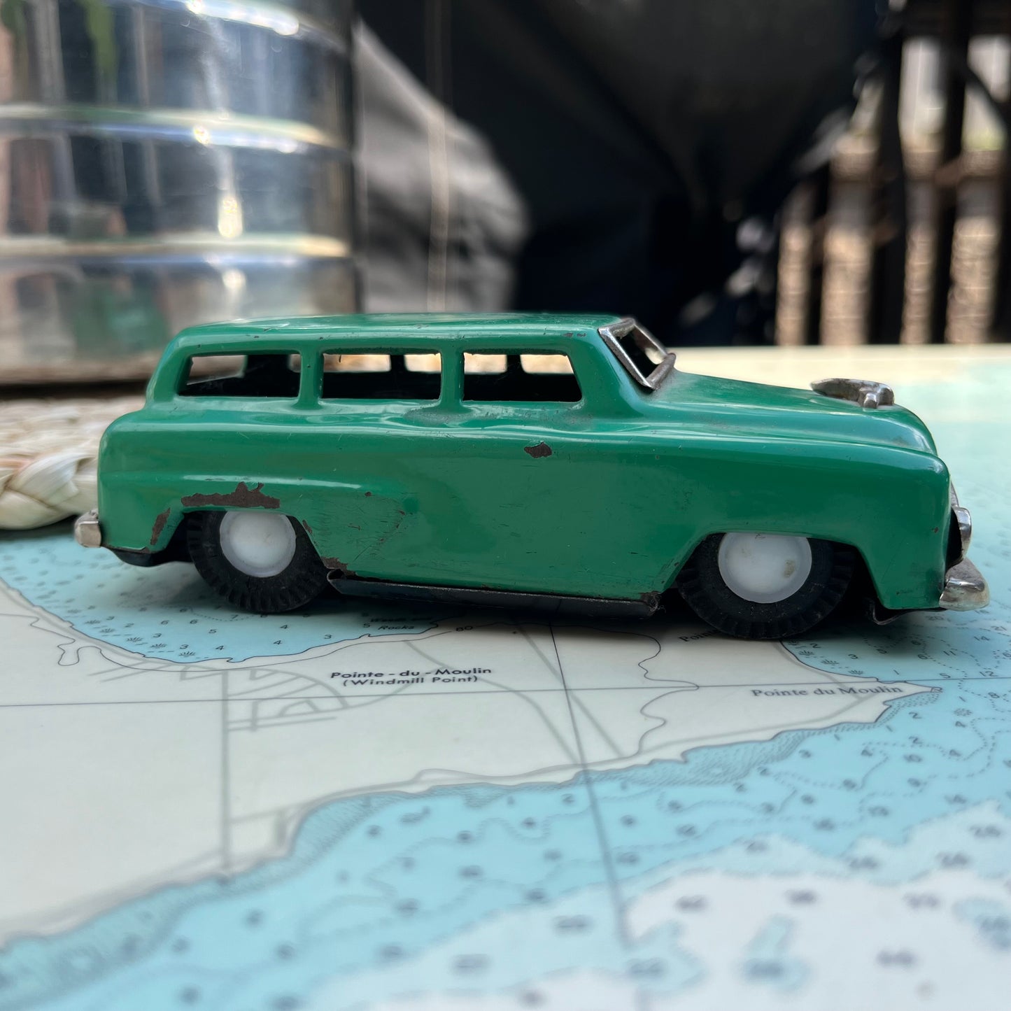 Vintage 50s Tin Green Oldsmobile Station Wagon Toy Car