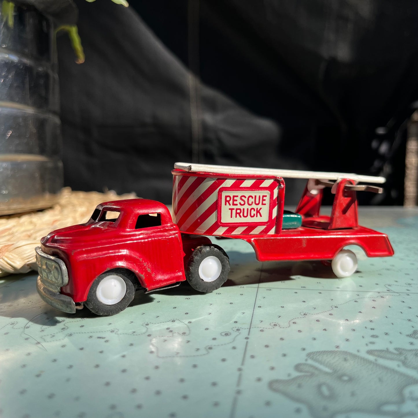 Vintage Red Fire & Rescue Tin Friction Truck Made in Japan +