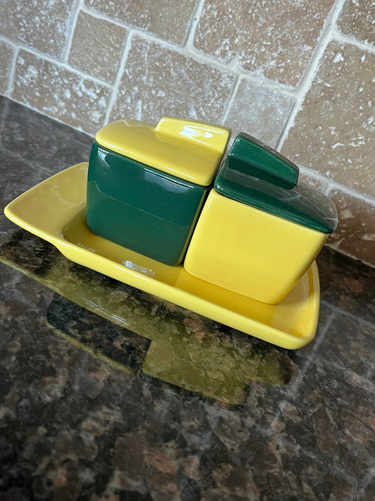 Vintage 50s Tiempo Franciscan Green and Yellow Deco Ceramic Set