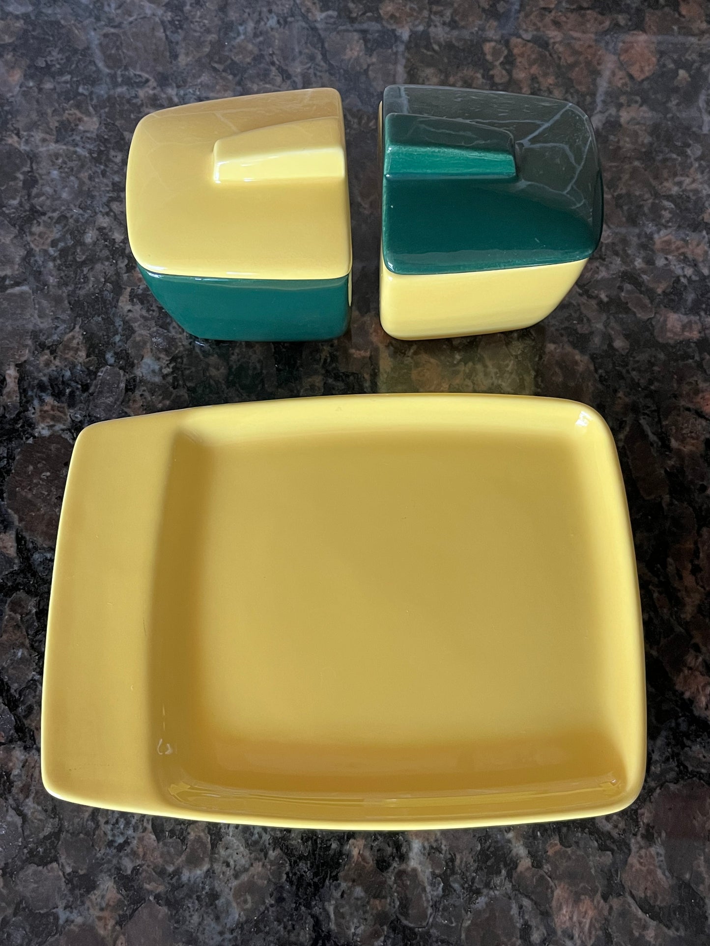 Vintage 50s Tiempo Franciscan Green and Yellow Deco Ceramic Set