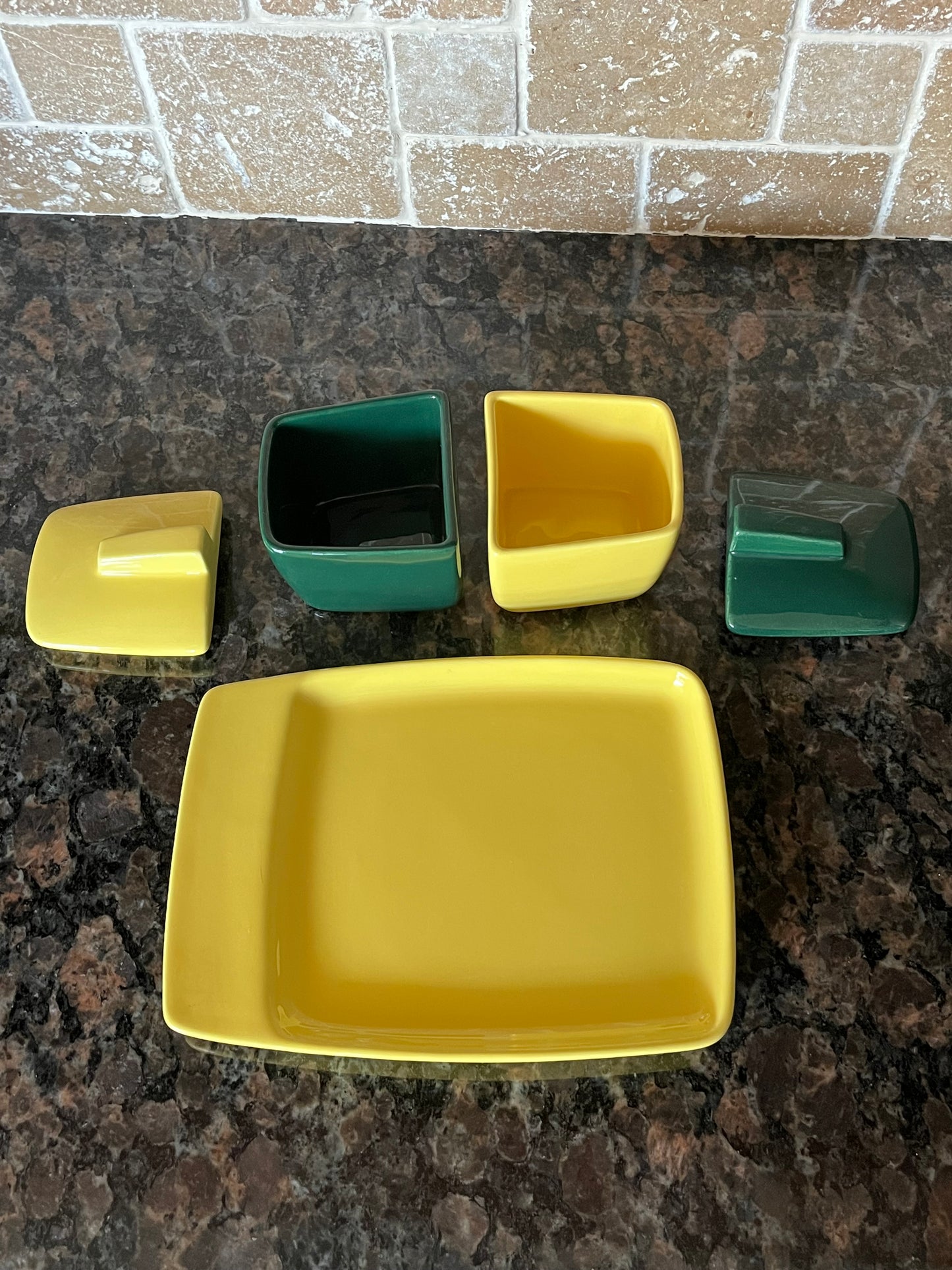 Vintage 50s Tiempo Franciscan Green and Yellow Deco Ceramic Set
