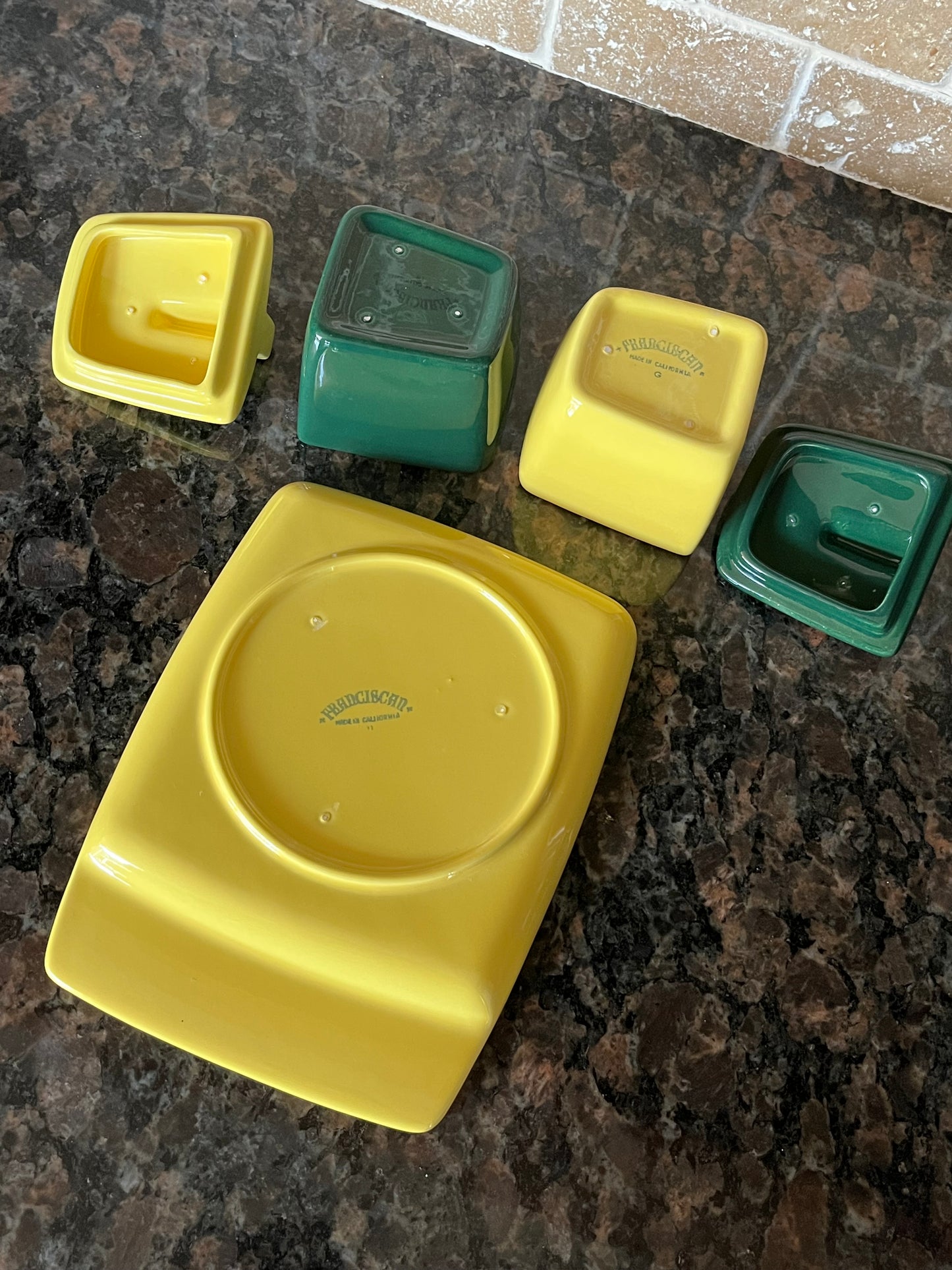 Vintage 50s Tiempo Franciscan Green and Yellow Deco Ceramic Set