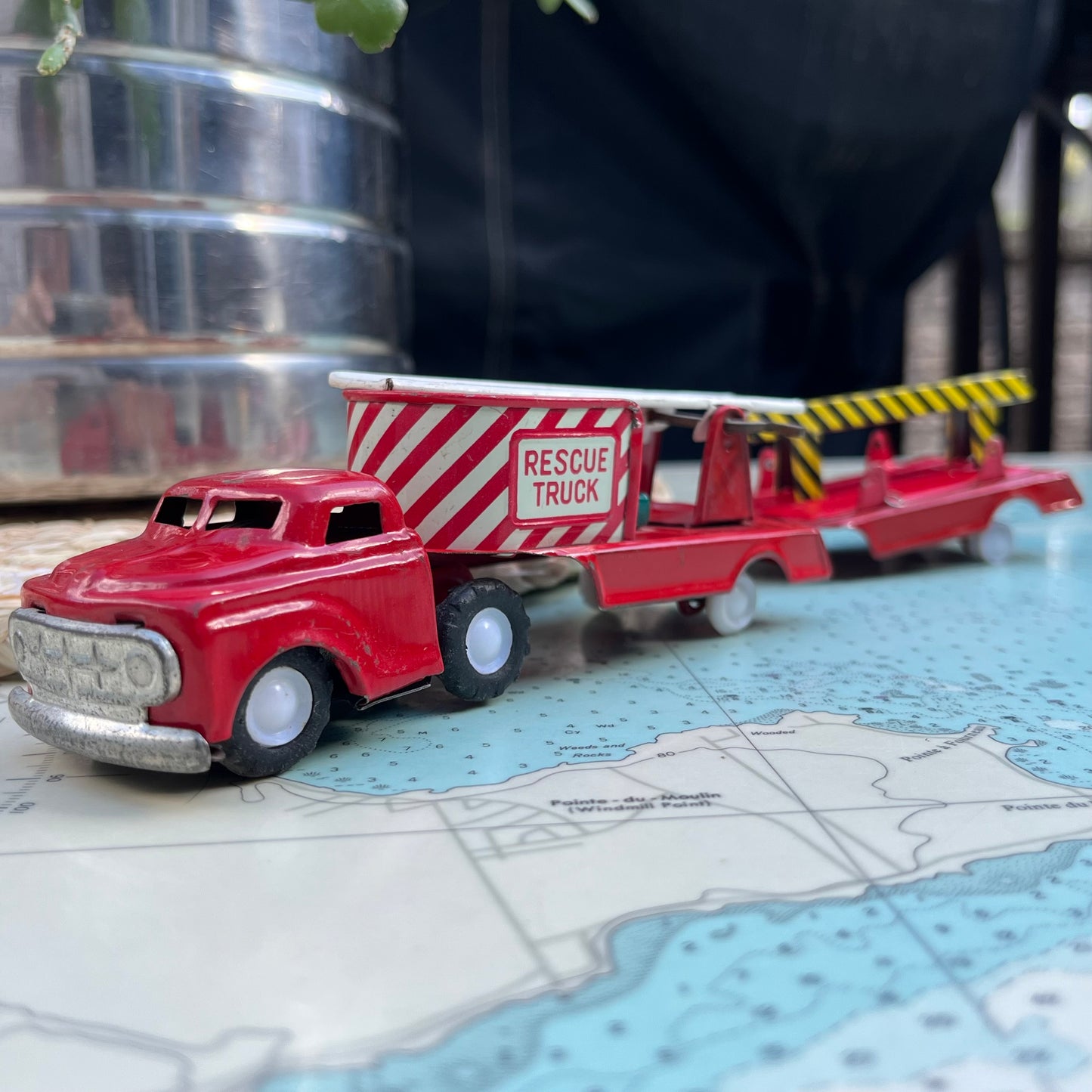 Vintage Red Fire & Rescue Tin Friction Truck Made in Japan +