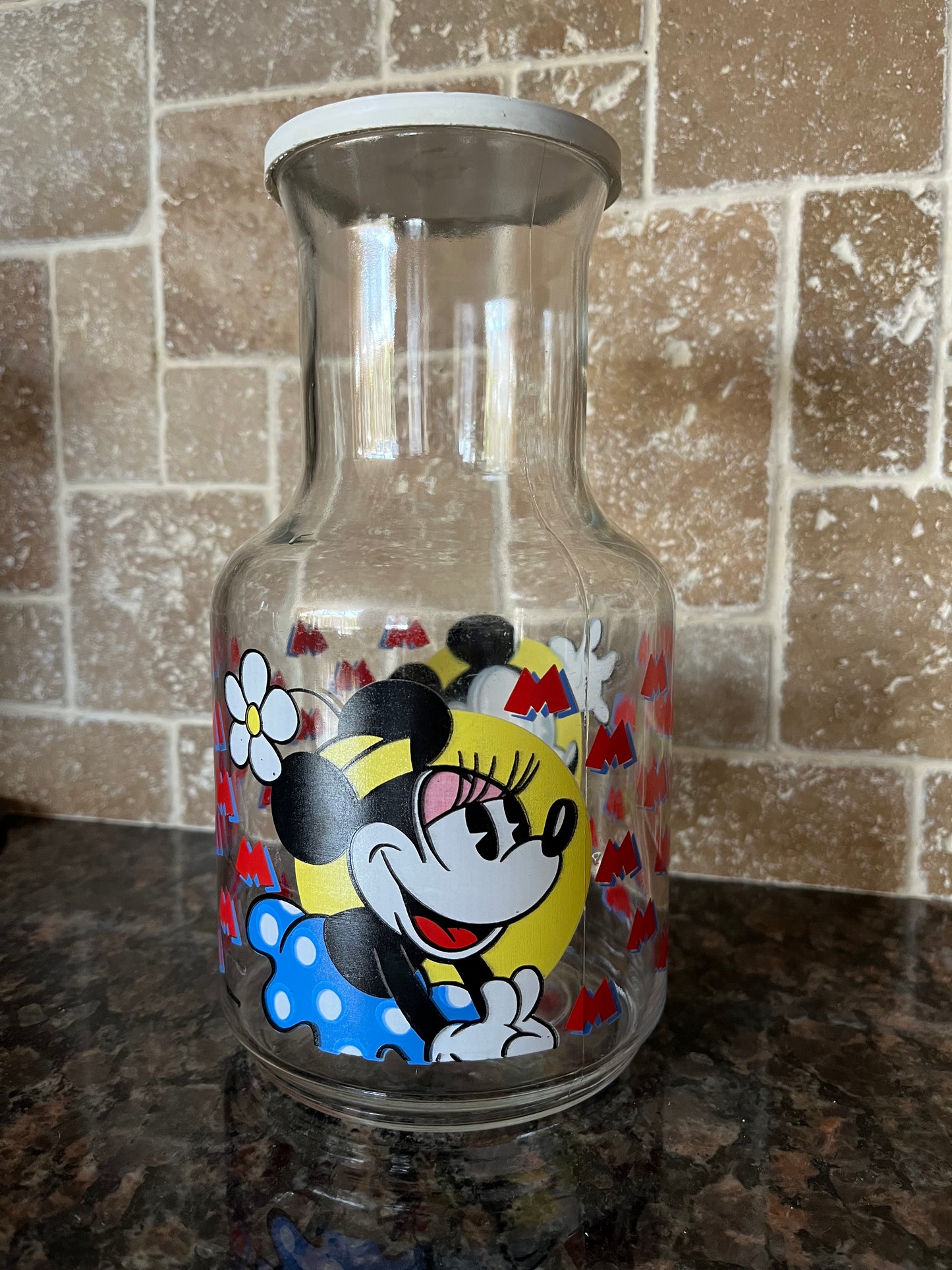 Vintage Disney Mickey & Minnie Mouse Graphic Glass Pitcher