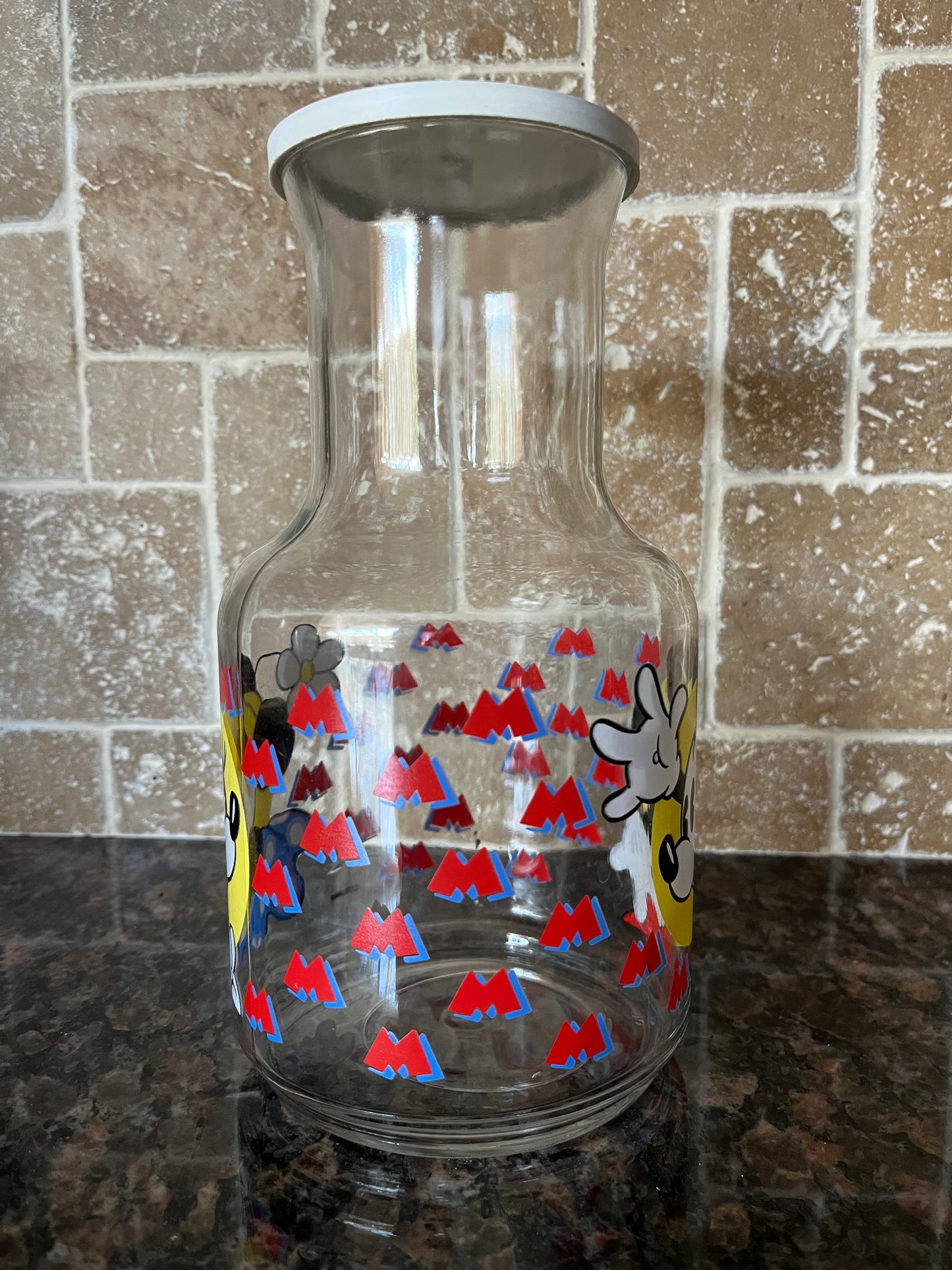 Vintage Disney Mickey & Minnie Mouse Graphic Glass Pitcher