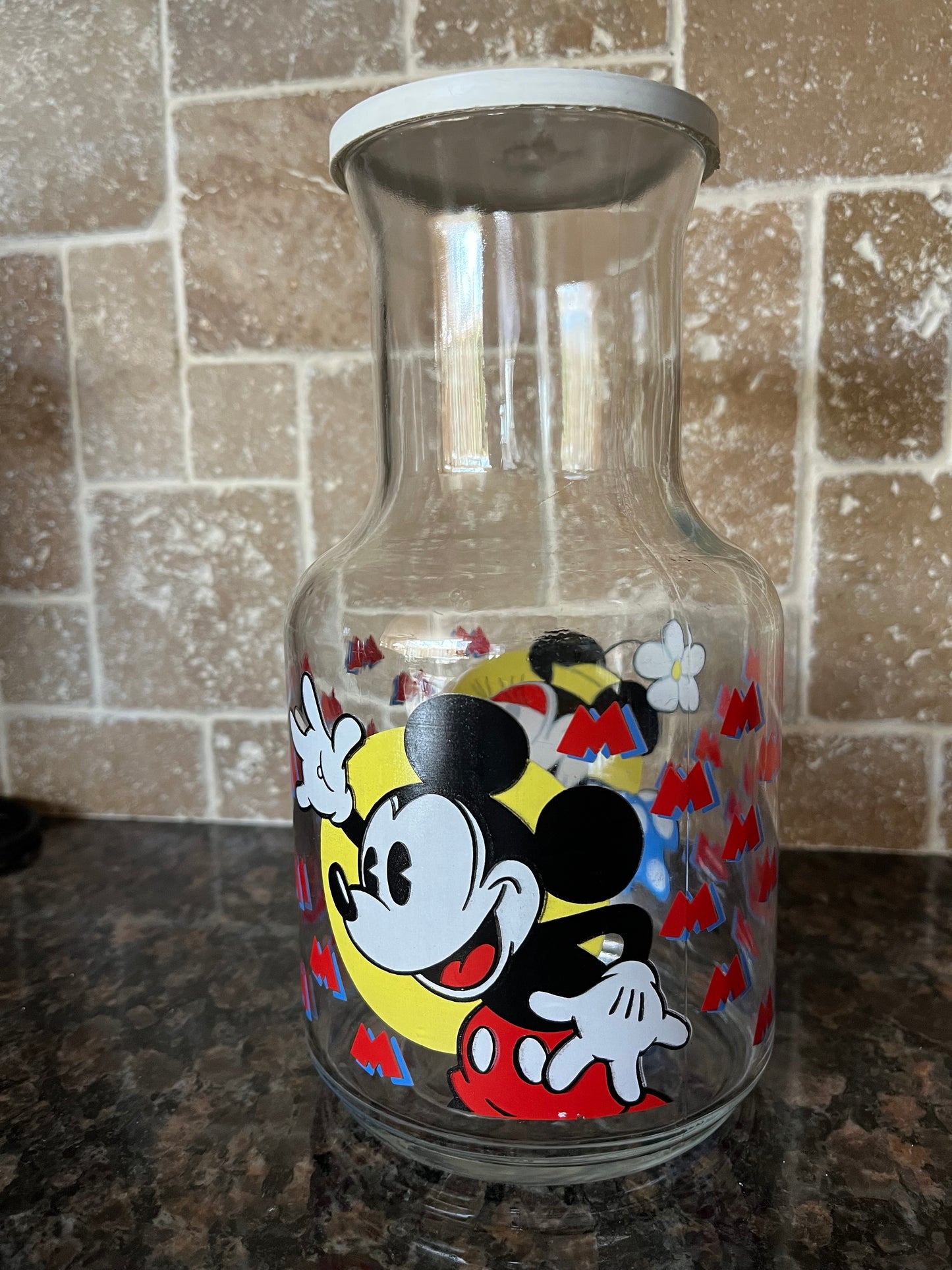Vintage Disney Mickey & Minnie Mouse Graphic Glass Pitcher