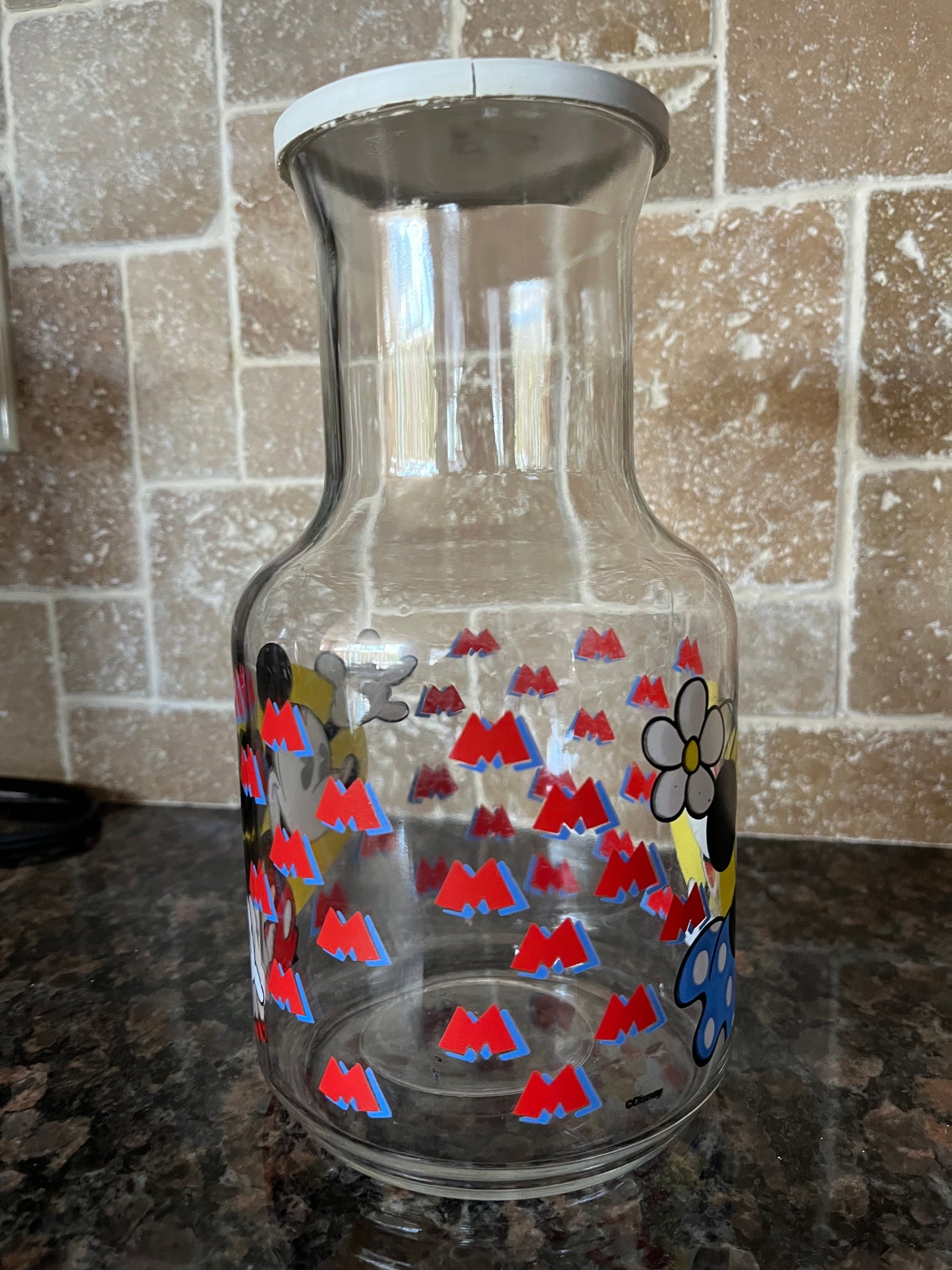 Vintage Disney Mickey & Minnie Mouse Graphic Glass Pitcher