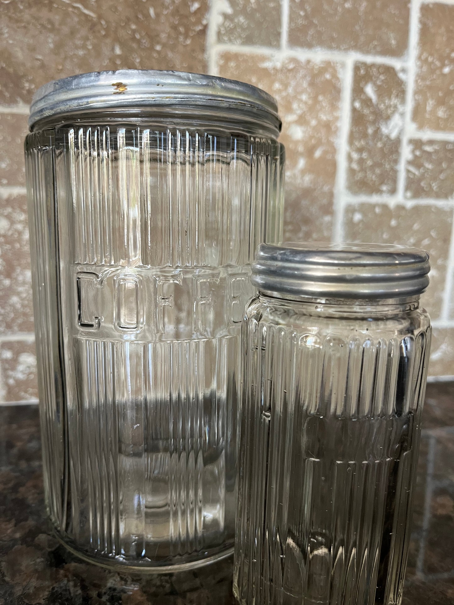Vintage Art Deco Glass Embossed Coffee Jar with Aluminum Lid and Partner