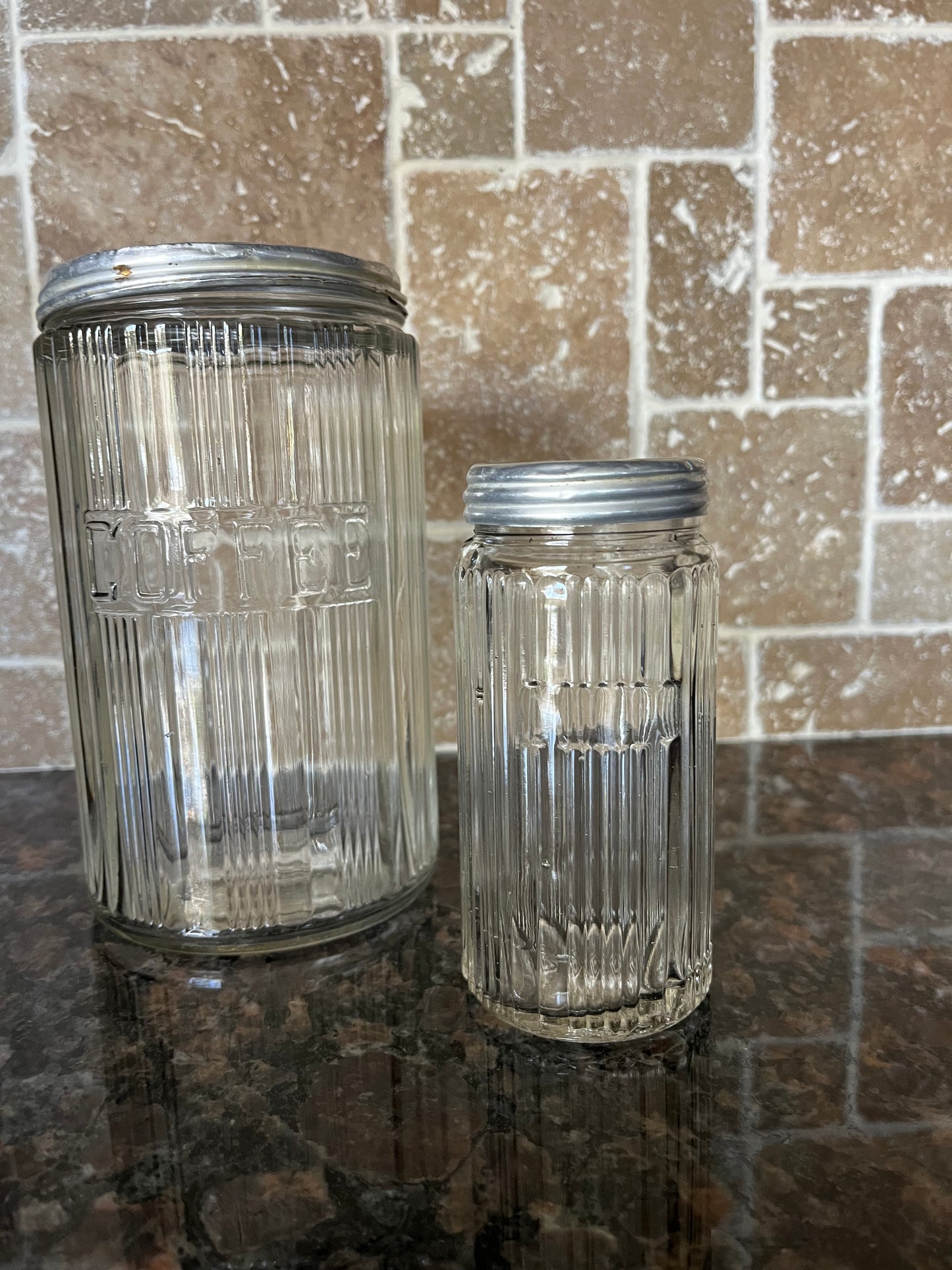 Vintage Art Deco Glass Embossed Coffee Jar with Aluminum Lid and Partner