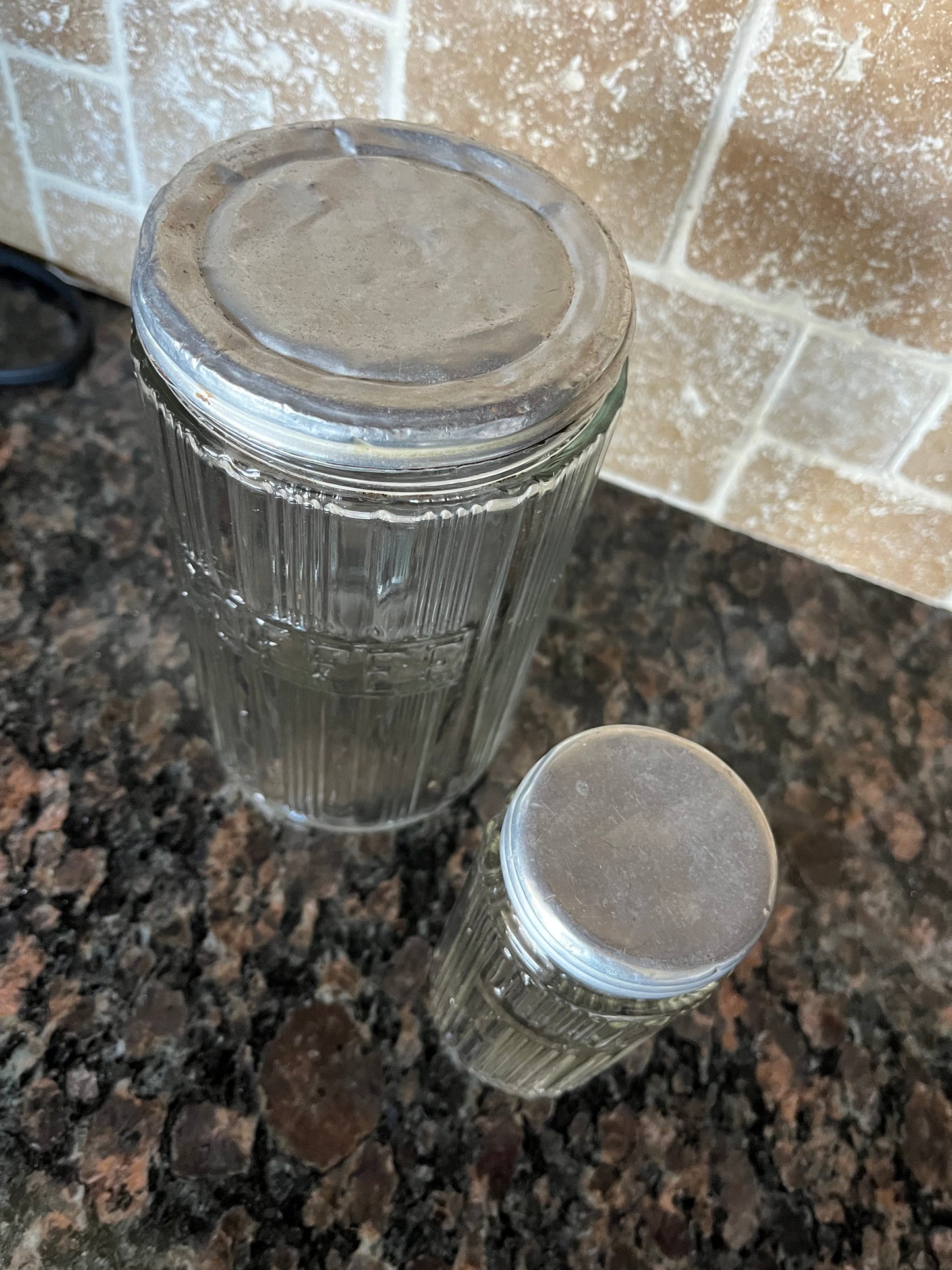 Vintage Art Deco Glass Embossed Coffee Jar with Aluminum Lid and Partner