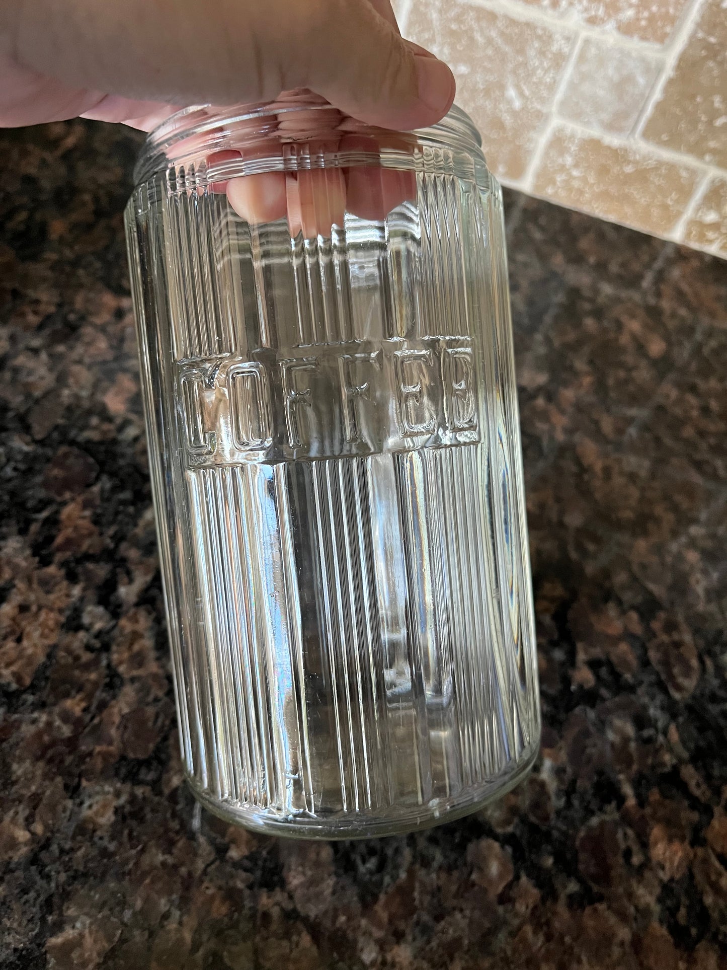Vintage Art Deco Glass Embossed Coffee Jar with Aluminum Lid and Partner