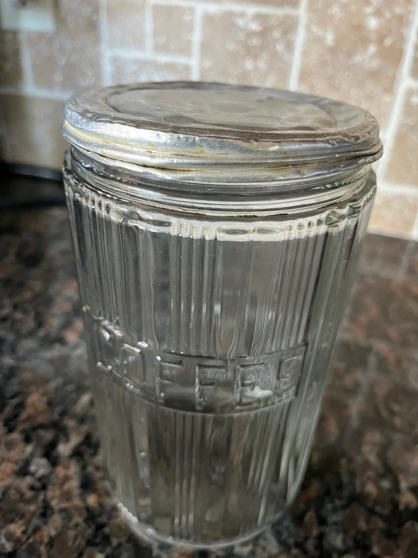 Vintage Art Deco Glass Embossed Coffee Jar with Aluminum Lid and Partner