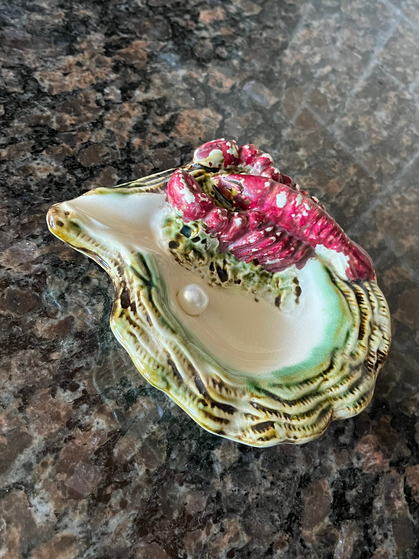 Vintage Lobster and Oyster Shell Ceramic Ashtray with Pearl