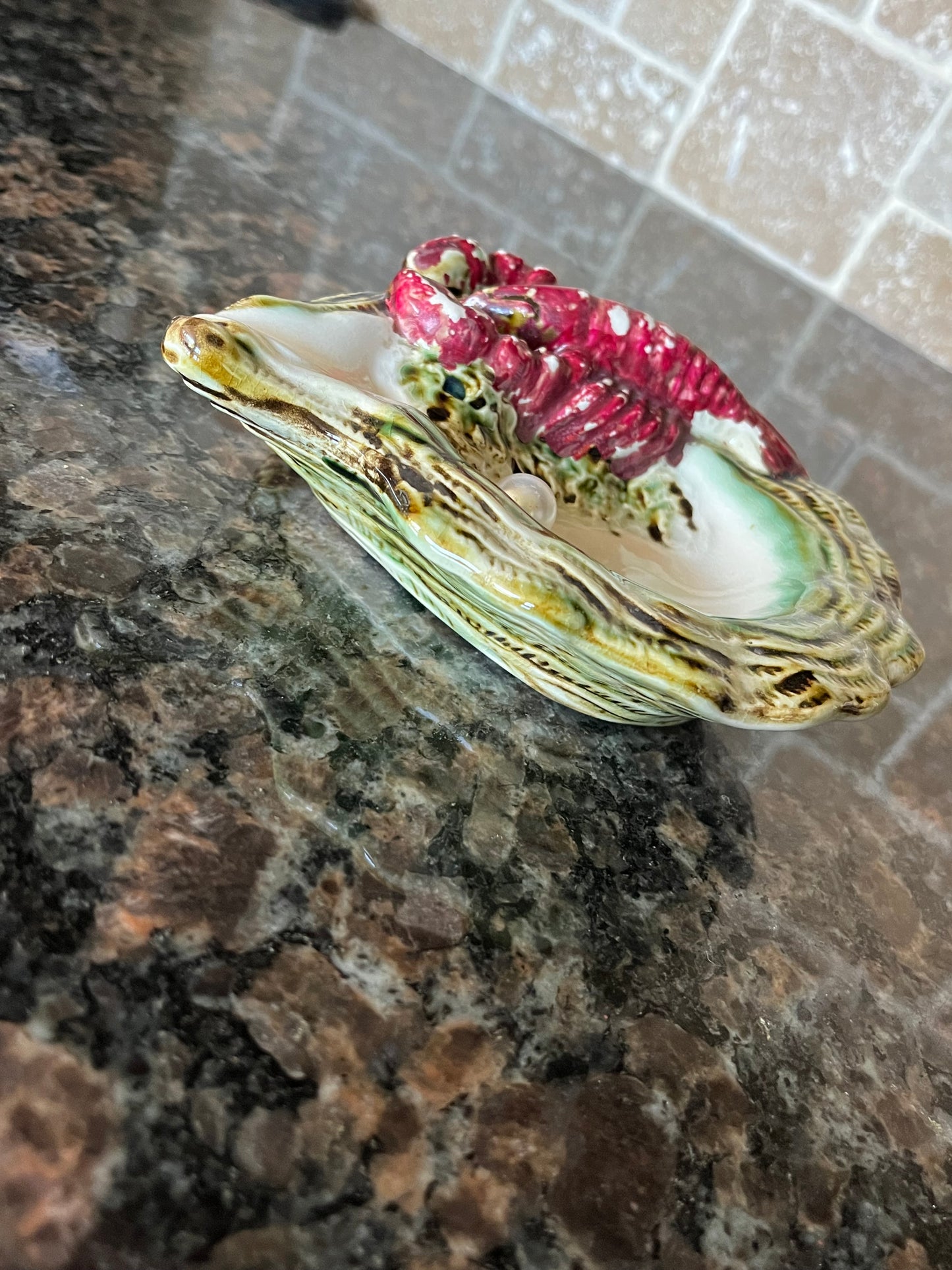 Vintage Lobster and Oyster Shell Ceramic Ashtray with Pearl