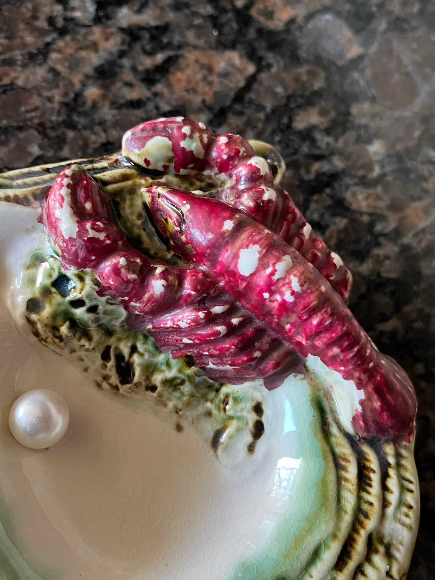 Vintage Lobster and Oyster Shell Ceramic Ashtray with Pearl