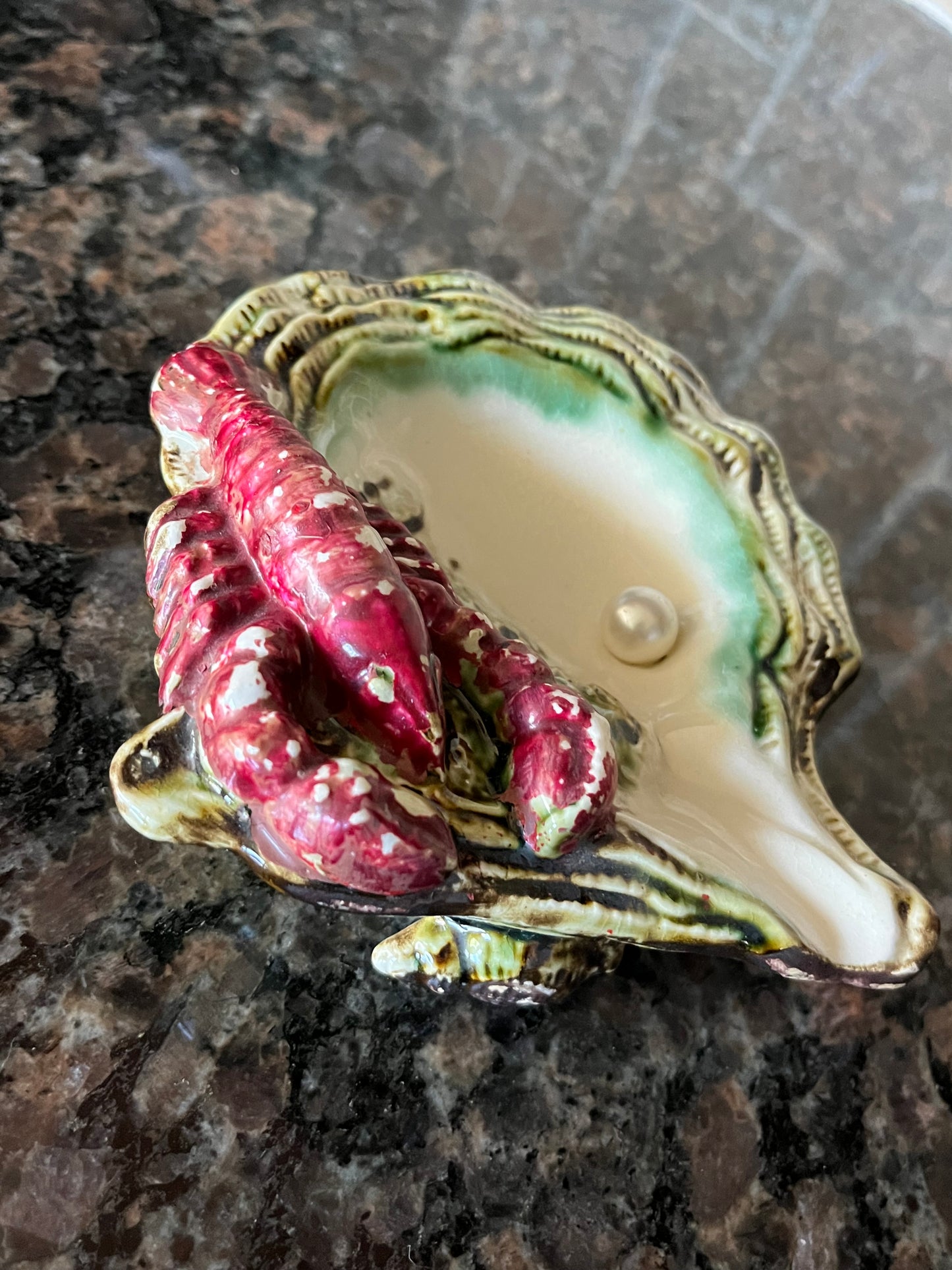 Vintage Lobster and Oyster Shell Ceramic Ashtray with Pearl