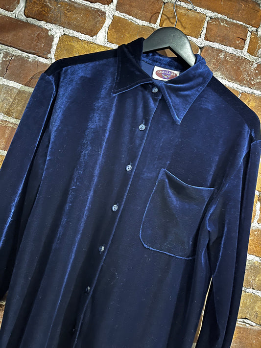Vintage Navy Velour Casualaire Long Sleeve Oversized Button Up Shirt