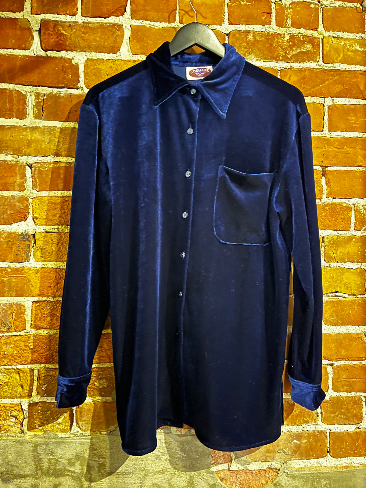 Vintage Navy Velour Casualaire Long Sleeve Oversized Button Up Shirt
