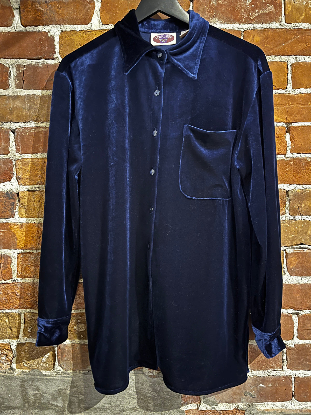 Vintage Navy Velour Casualaire Long Sleeve Oversized Button Up Shirt