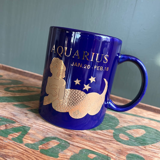 Vintage 90s Blue and Gold Aquarius Horoscope Mug