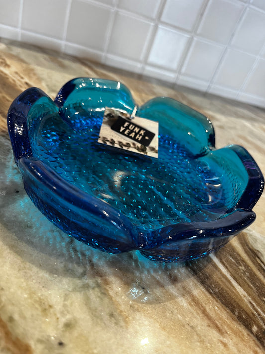 Vintage Blue Glass Flower Shaped Ashtray