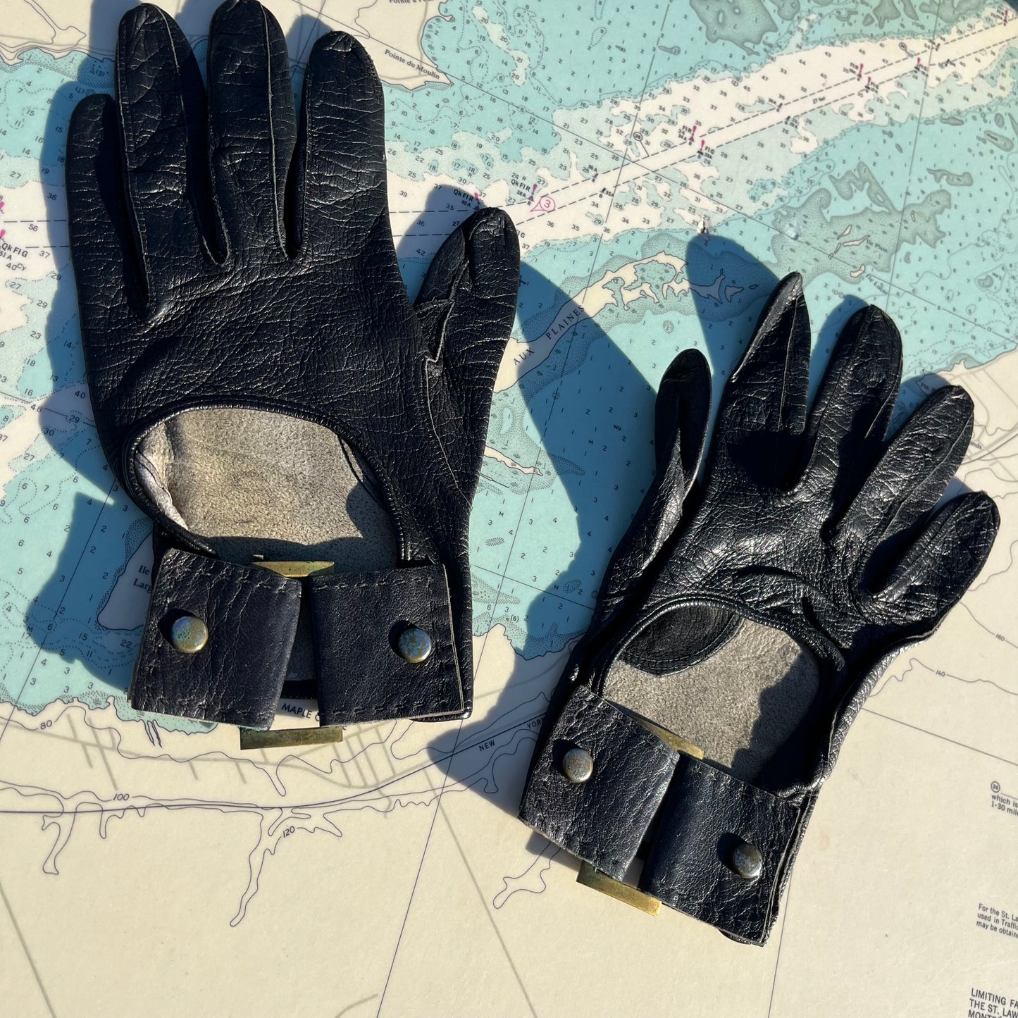 Vintage Black Leather Buckle Cutout Driving Gloves