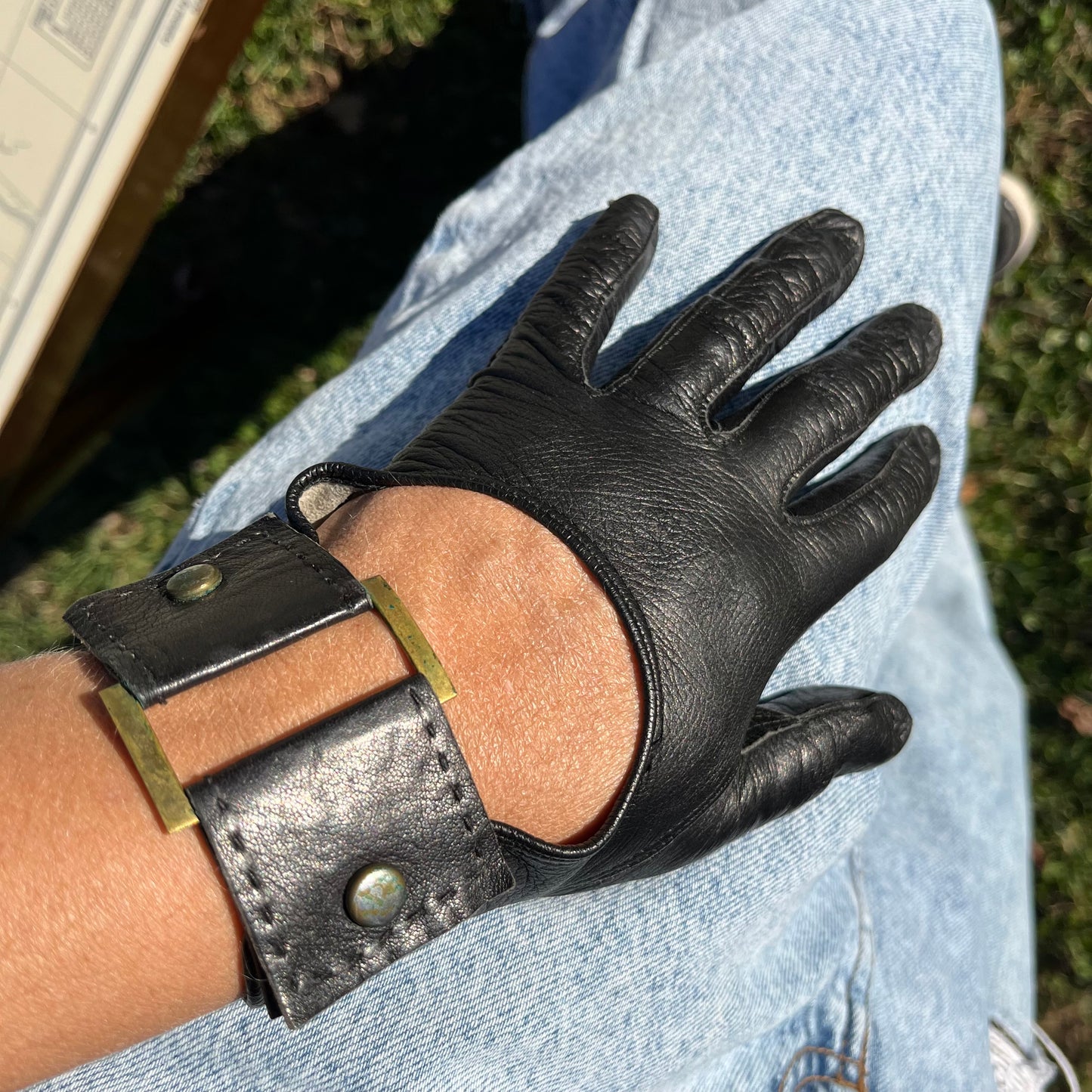 Vintage Black Leather Buckle Cutout Driving Gloves