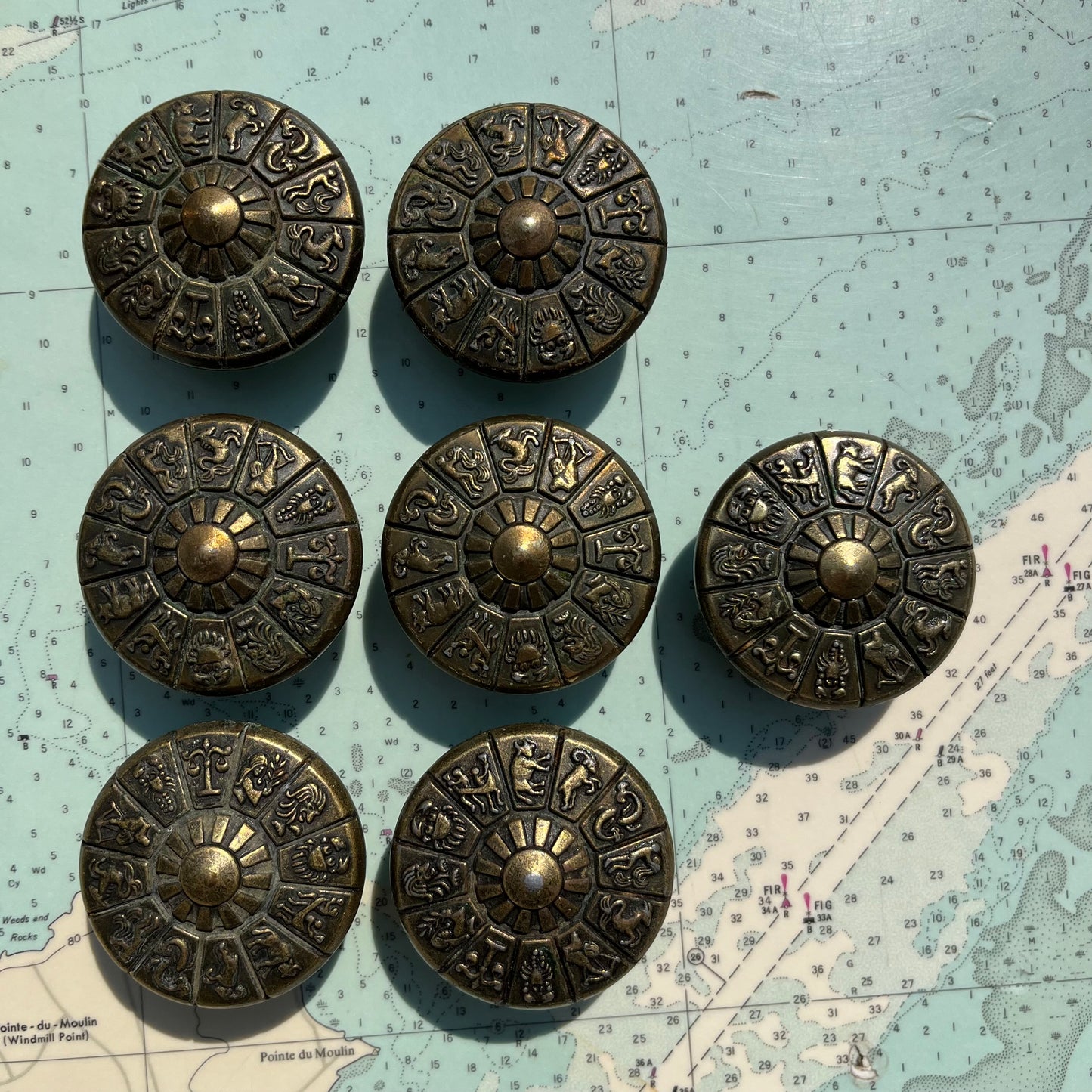 Vintage Ajax Brass Zodiac / Astrology Drawer Pulls / Knobs