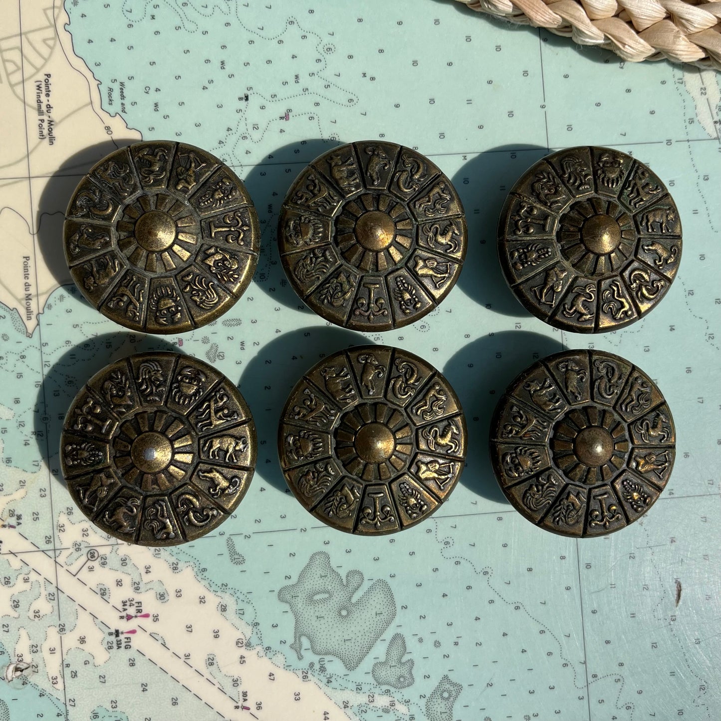 Vintage Ajax Brass Zodiac / Astrology Drawer Pulls / Knobs