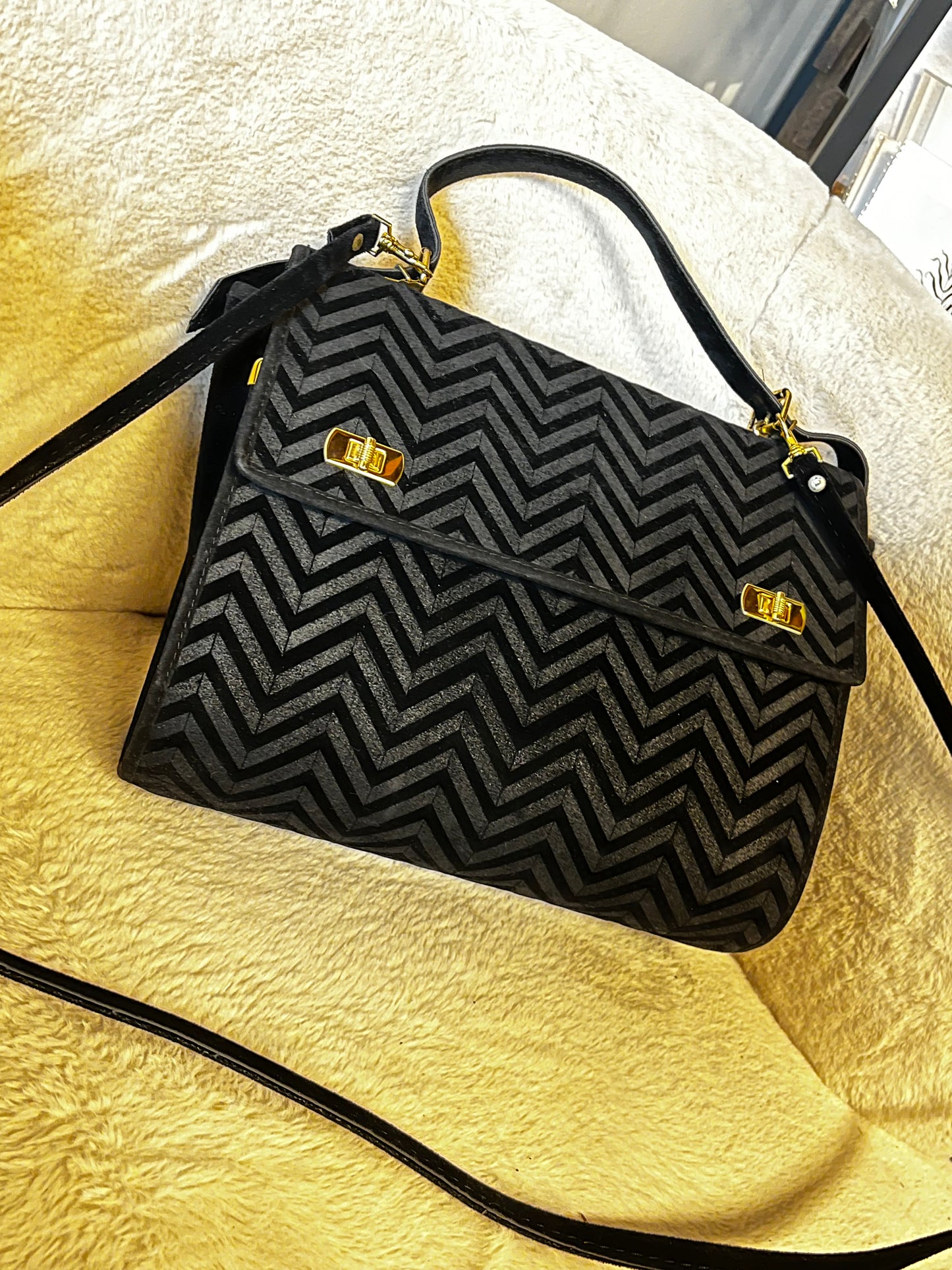 Vintage Black Velvet Chevron Scoop Bag